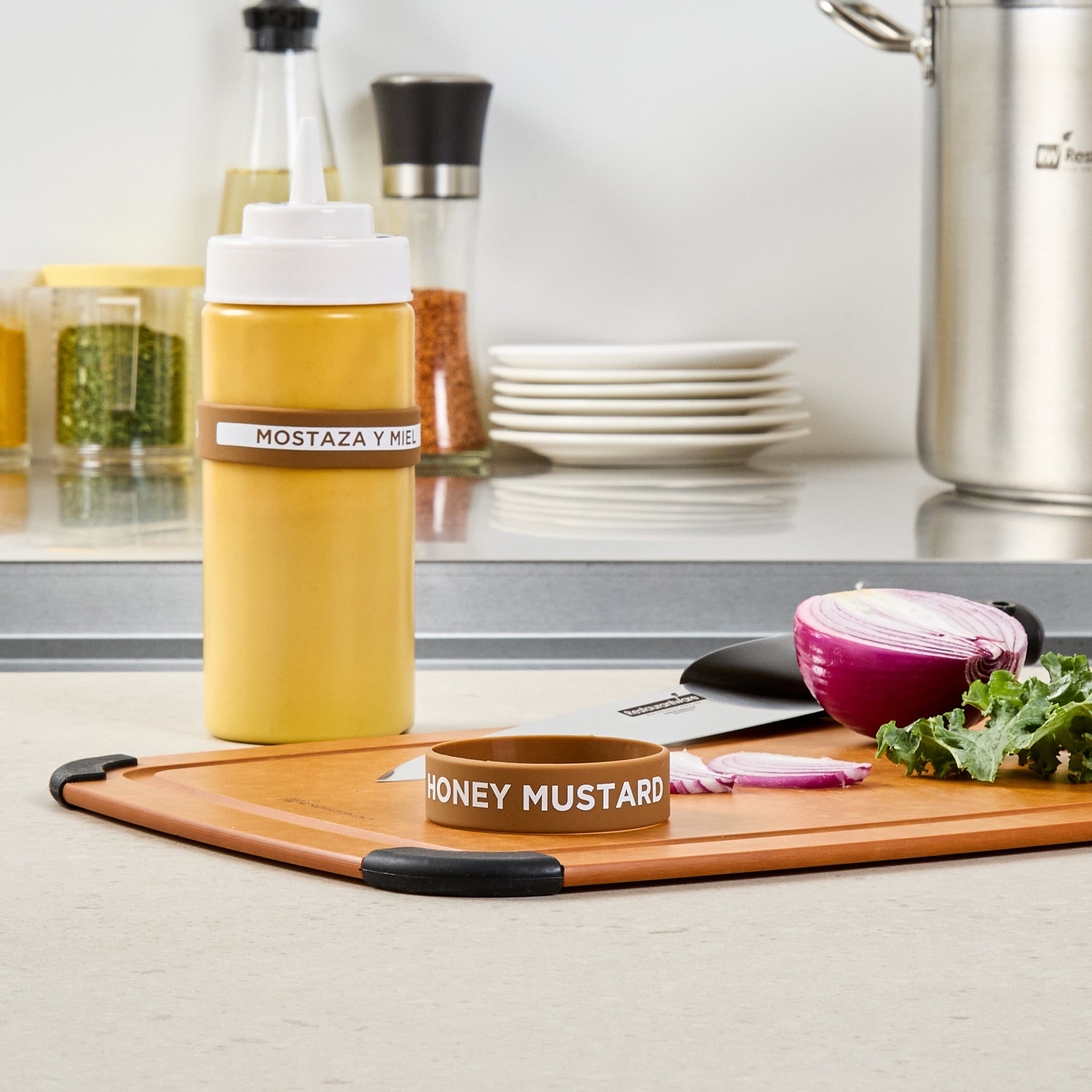 First In First Out Brown Silicone Honey Mustard Label Band - Fits 16, 20 and 24 oz Squeeze Bottles - 10 count box