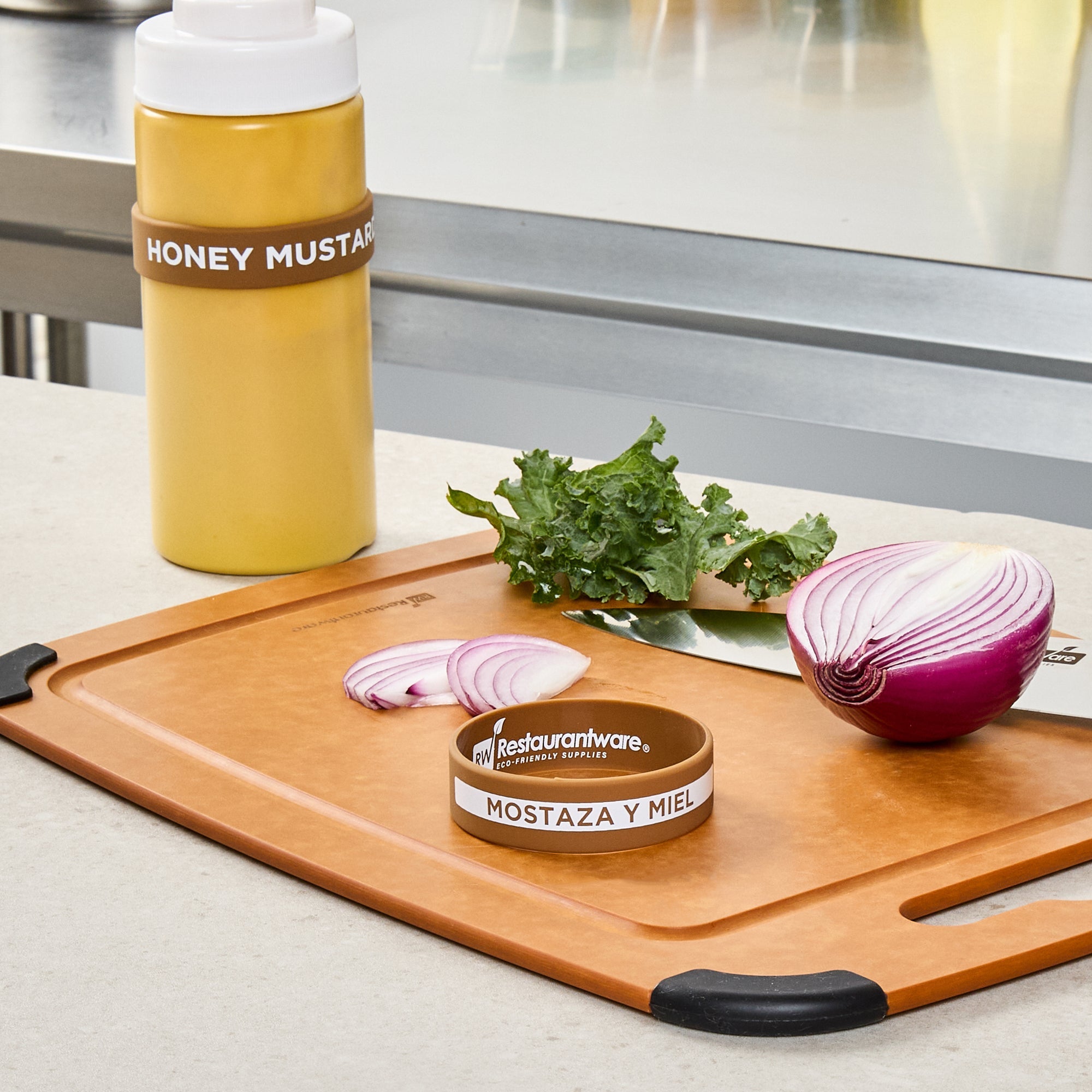 First In First Out Brown Silicone Honey Mustard Label Band - Fits 16, 20 and 24 oz Squeeze Bottles - 10 count box