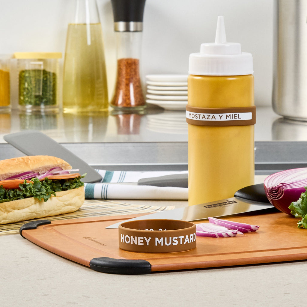 First In First Out Brown Silicone Honey Mustard Label Band - Fits 16, 20 and 24 oz Squeeze Bottles - 10 count box