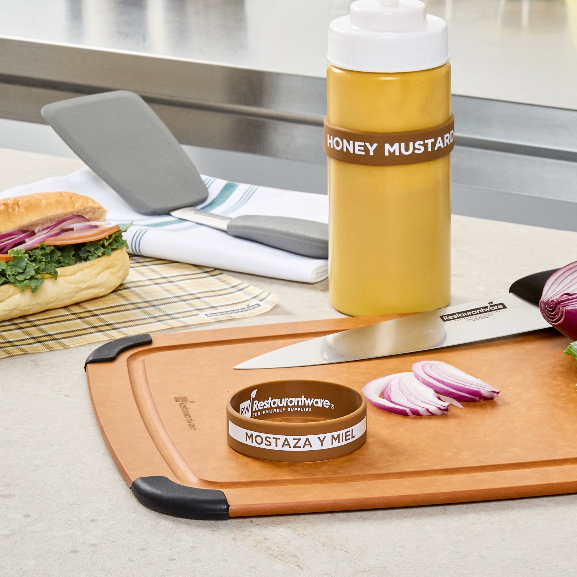 First In First Out Brown Silicone Honey Mustard Label Band - Fits 16, 20 and 24 oz Squeeze Bottles - 10 count box