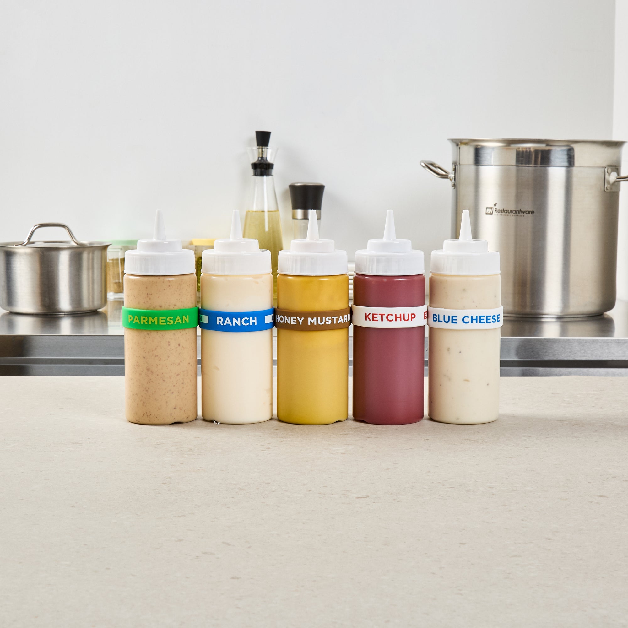 First In First Out Brown Silicone Honey Mustard Label Band - Fits 16, 20 and 24 oz Squeeze Bottles - 10 count box