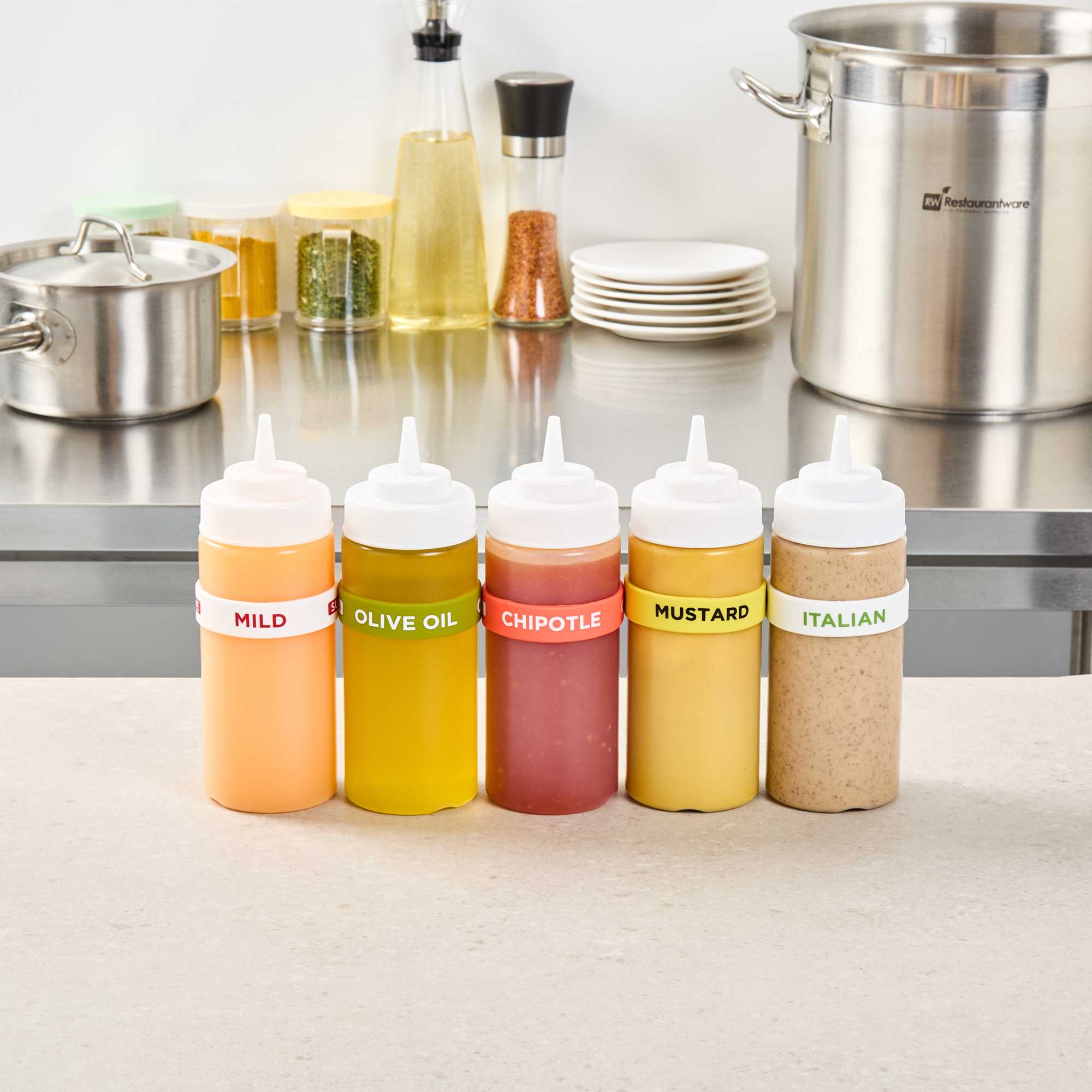 First In First Out Red Silicone Chipotle Label Band - Fits 16, 20 and 24 oz Squeeze Bottles - 1 count box