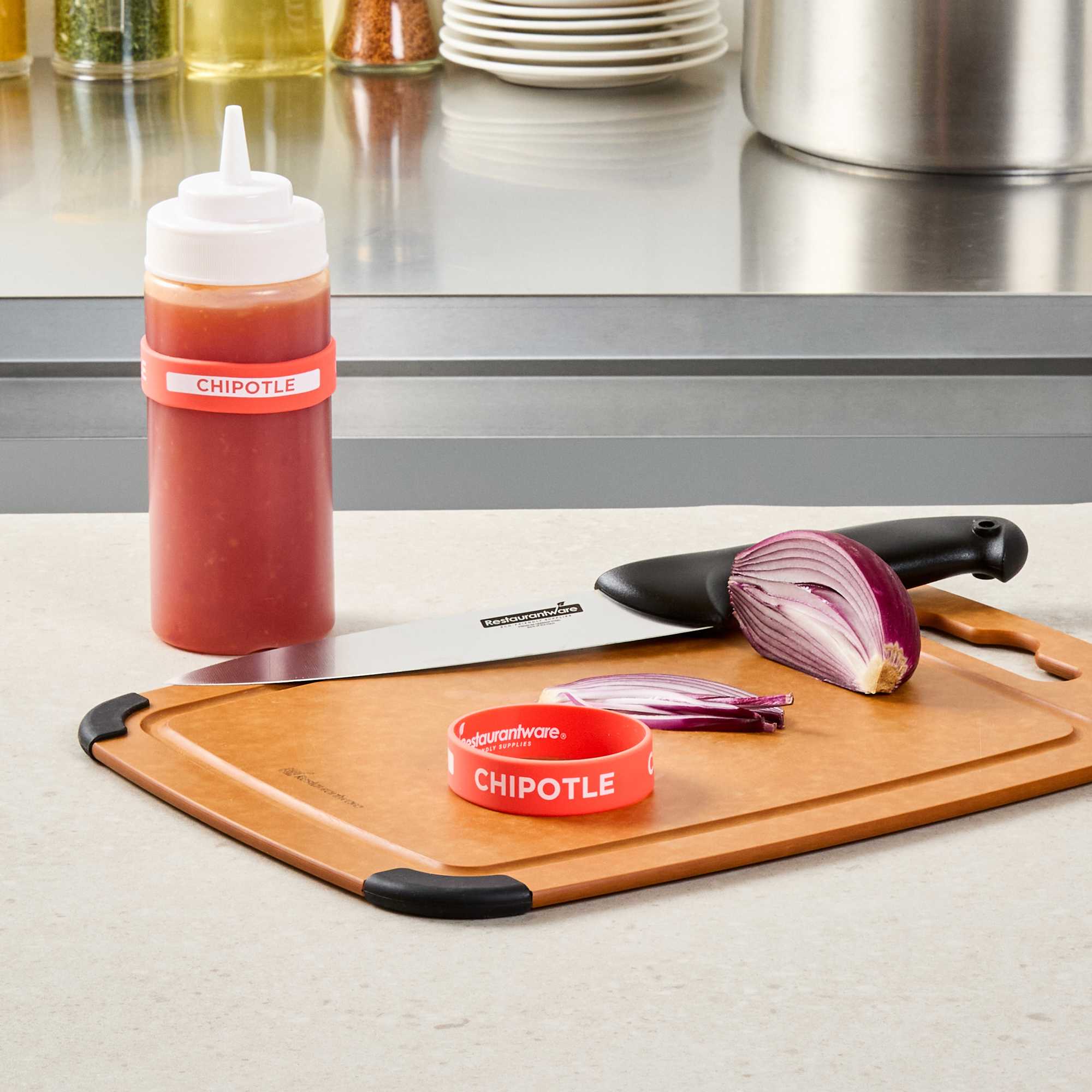 First In First Out Red Silicone Chipotle Label Band - Fits 16, 20 and 24 oz Squeeze Bottles - 1 count box