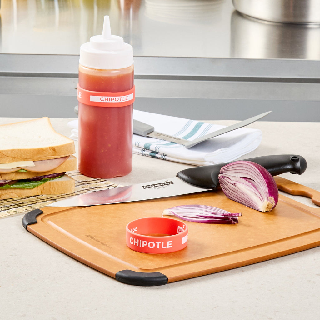 First In First Out Red Silicone Chipotle Label Band - Fits 16, 20 and 24 oz Squeeze Bottles - 10 count box