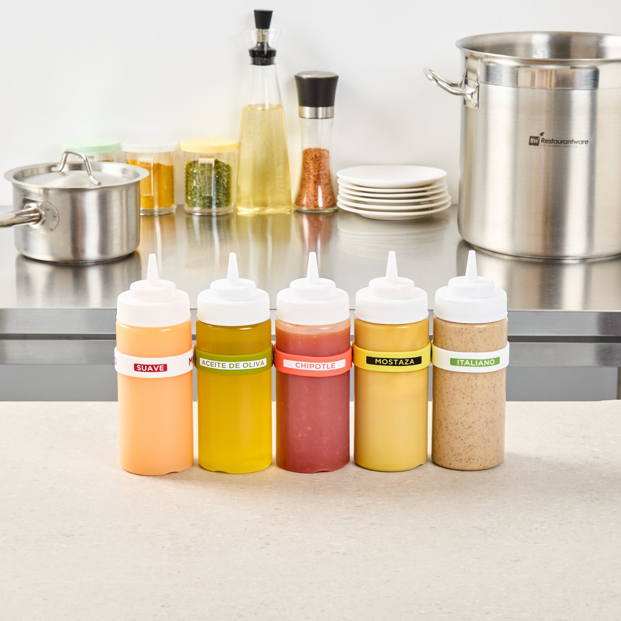 First In First Out Red Silicone Chipotle Label Band - Fits 16, 20 and 24 oz Squeeze Bottles - 10 count box