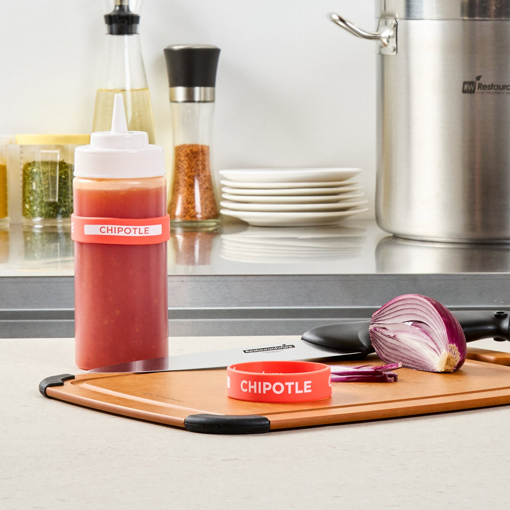 First In First Out Red Silicone Chipotle Label Band - Fits 16, 20 and 24 oz Squeeze Bottles - 10 count box