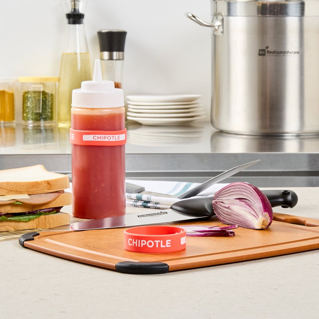 First In First Out Red Silicone Chipotle Label Band - Fits 16, 20 and 24 oz Squeeze Bottles - 10 count box