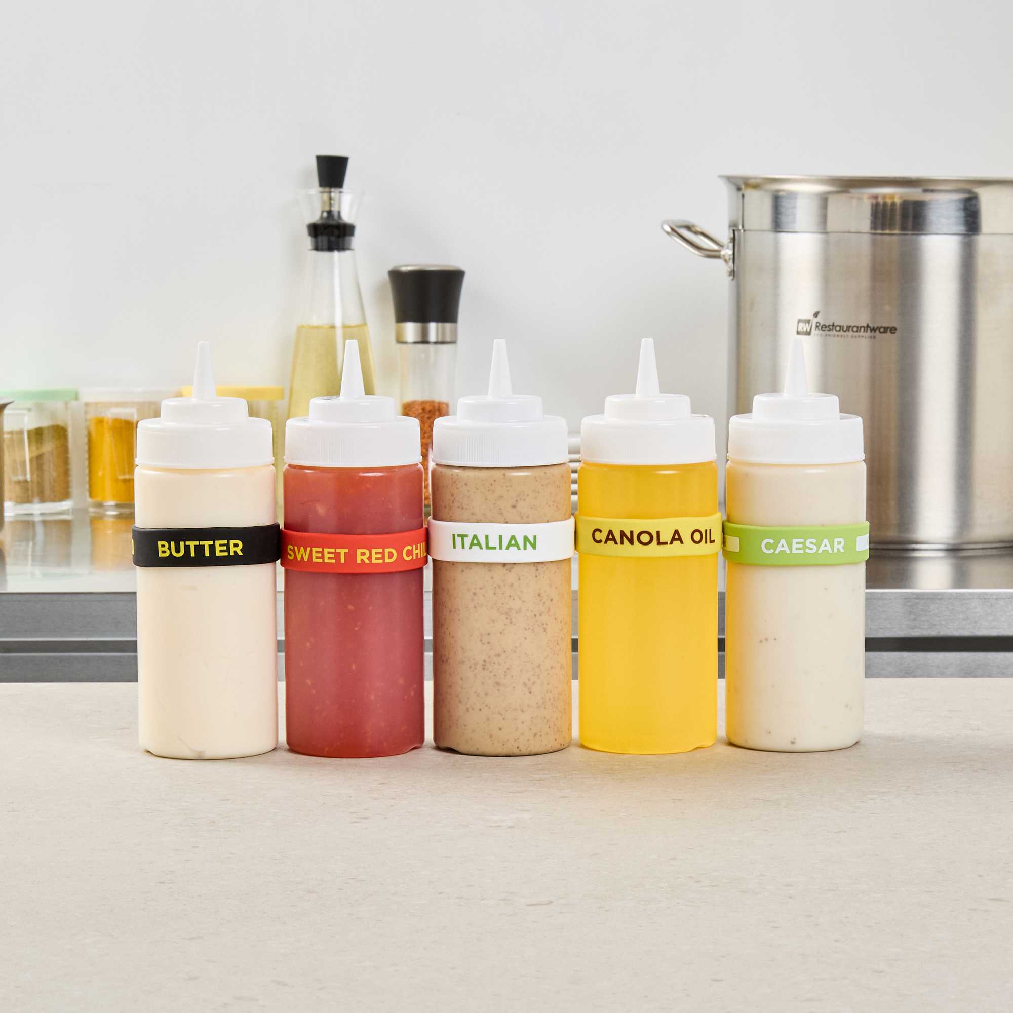 First In First Out White Silicone Italian Label Band - Fits 16, 20 and 24 oz Squeeze Bottles - 1 count box