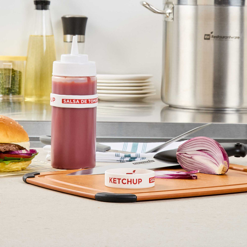 First In First Out White Silicone Ketchup Label Band - Fits 16, 20 and 24 oz Squeeze Bottles - 1 count box
