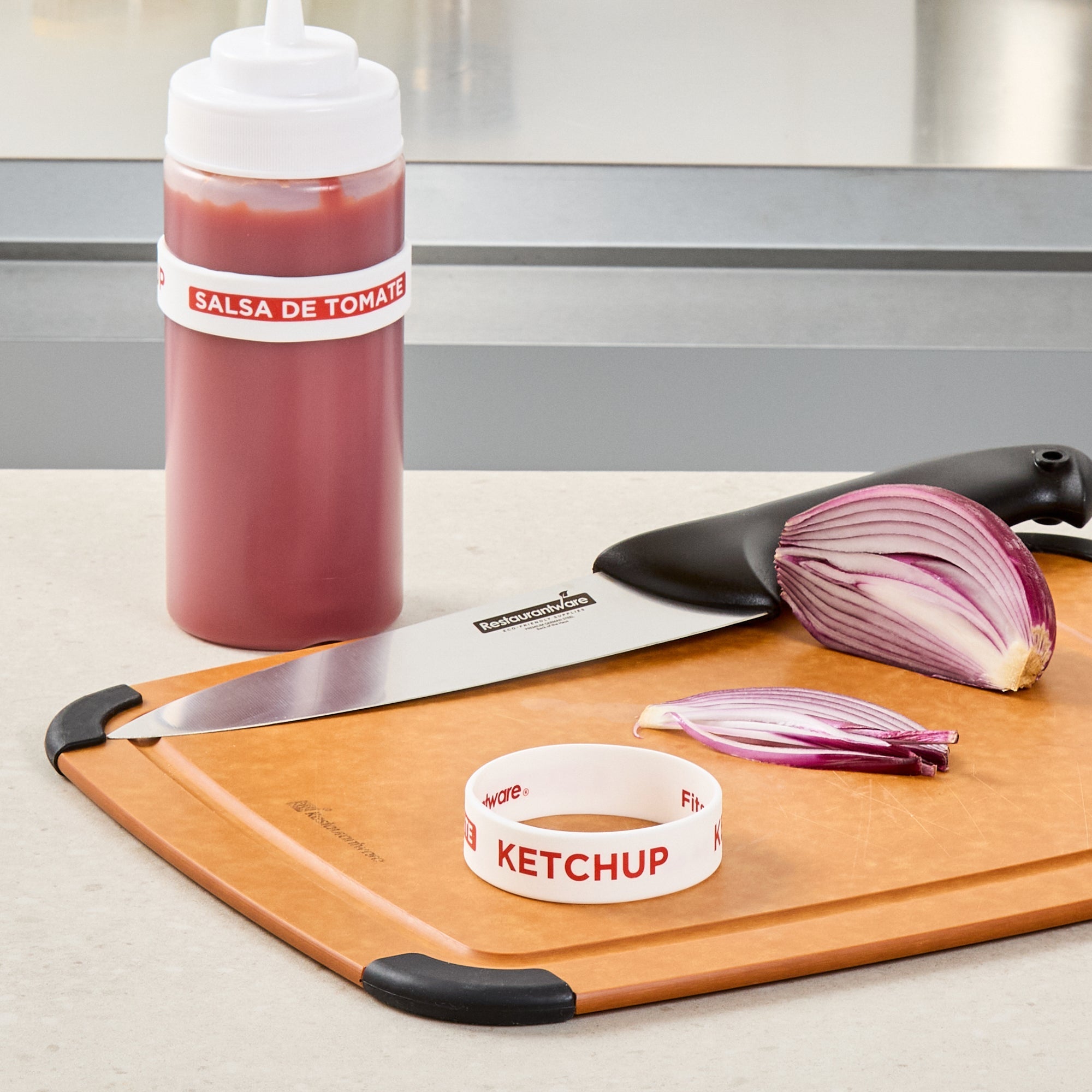 First In First Out White Silicone Ketchup Label Band - Fits 16, 20 and 24 oz Squeeze Bottles - 10 count box