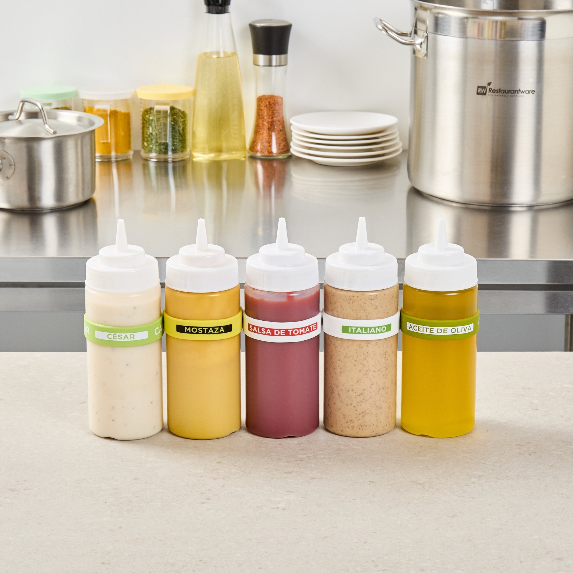 First In First Out White Silicone Ketchup Label Band - Fits 16, 20 and 24 oz Squeeze Bottles - 10 count box