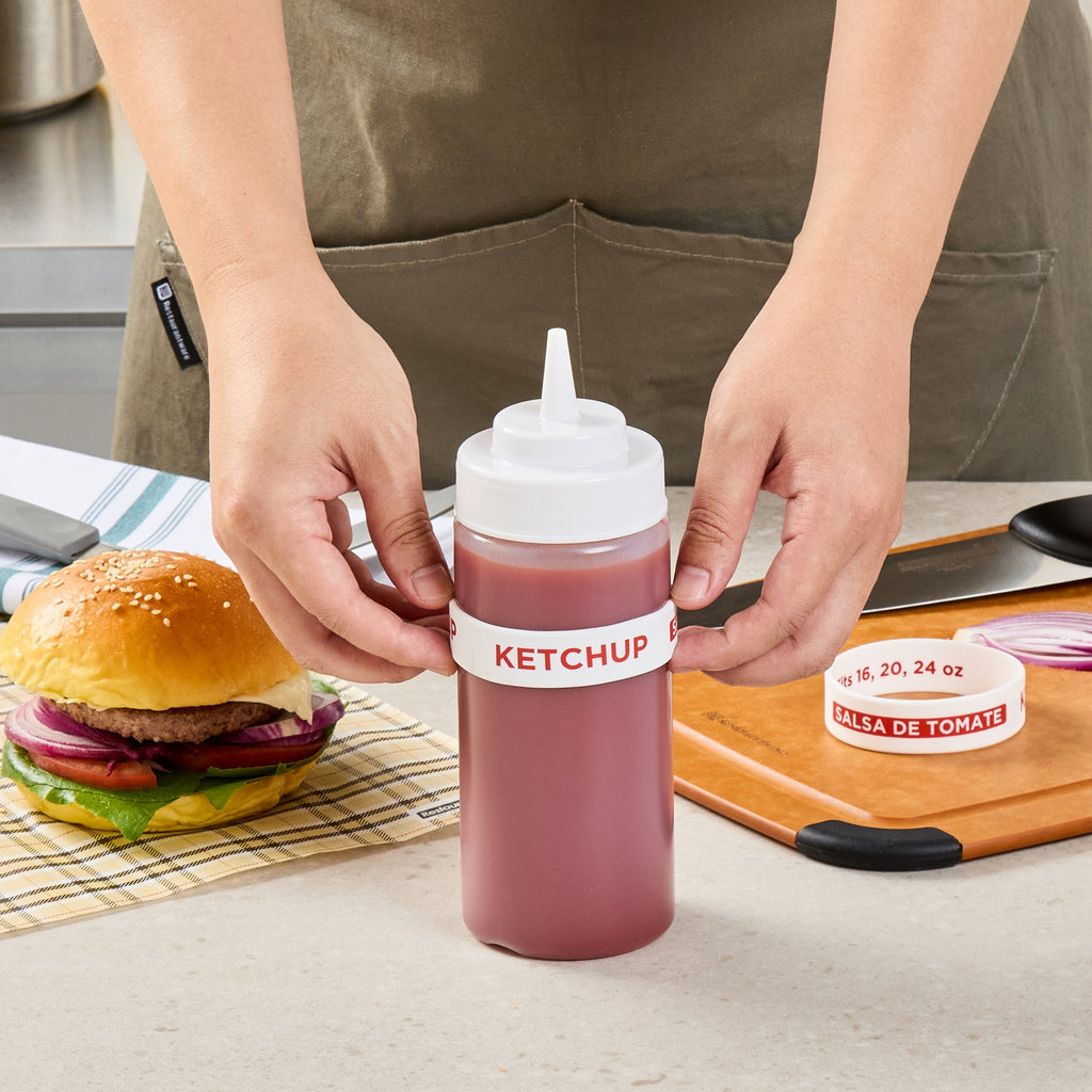 First In First Out White Silicone Ketchup Label Band - Fits 16, 20 and 24 oz Squeeze Bottles - 10 count box
