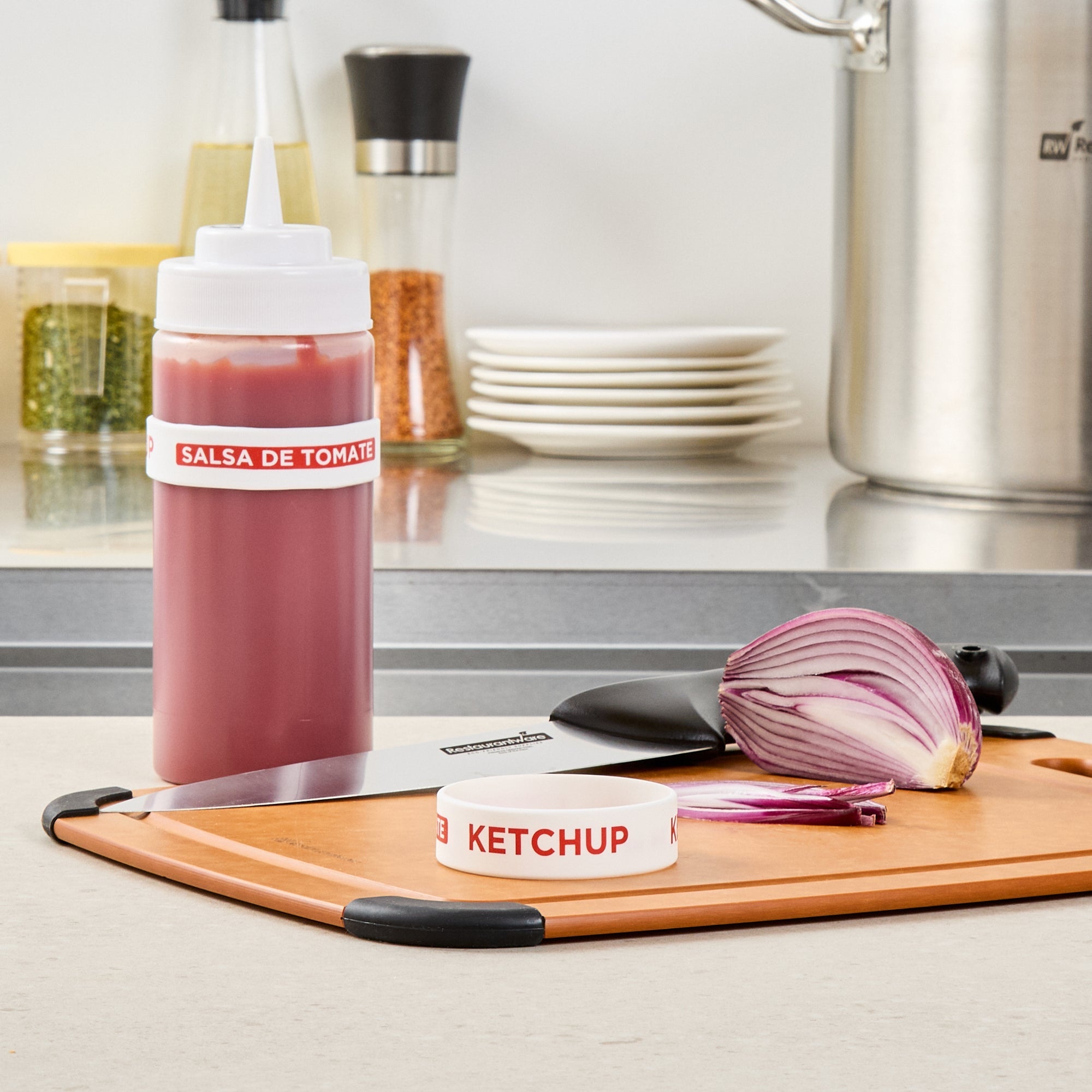 First In First Out White Silicone Ketchup Label Band - Fits 16, 20 and 24 oz Squeeze Bottles - 10 count box