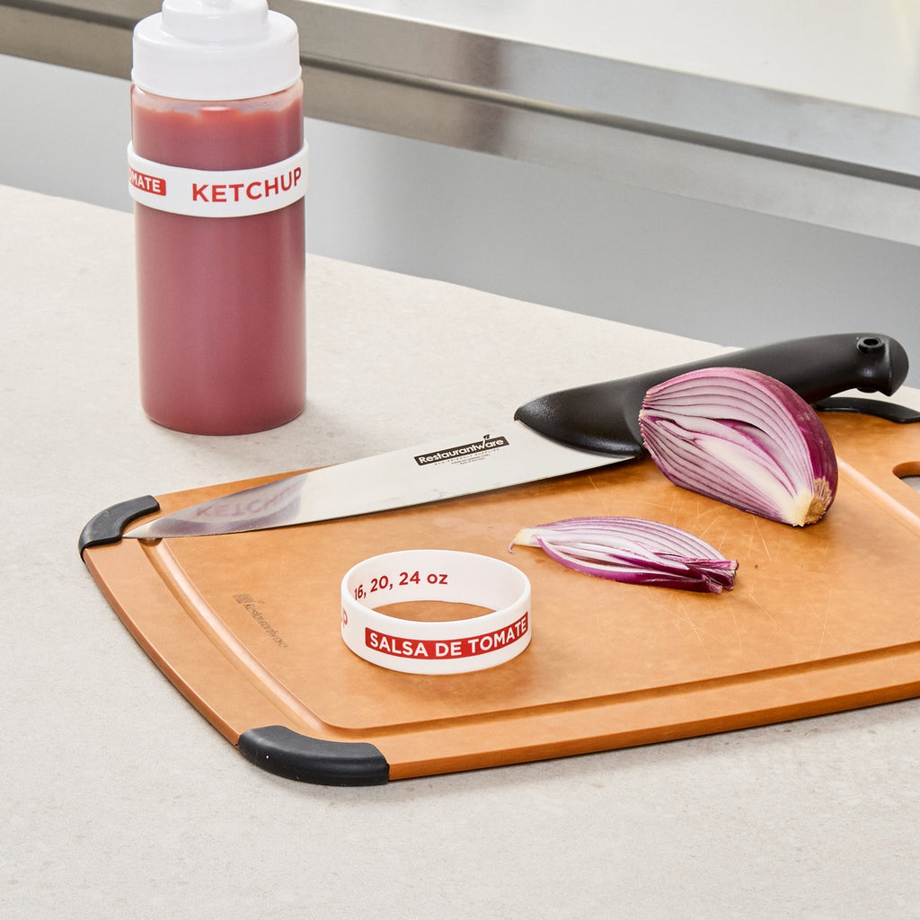 First In First Out White Silicone Ketchup Label Band - Fits 16, 20 and 24 oz Squeeze Bottles - 10 count box