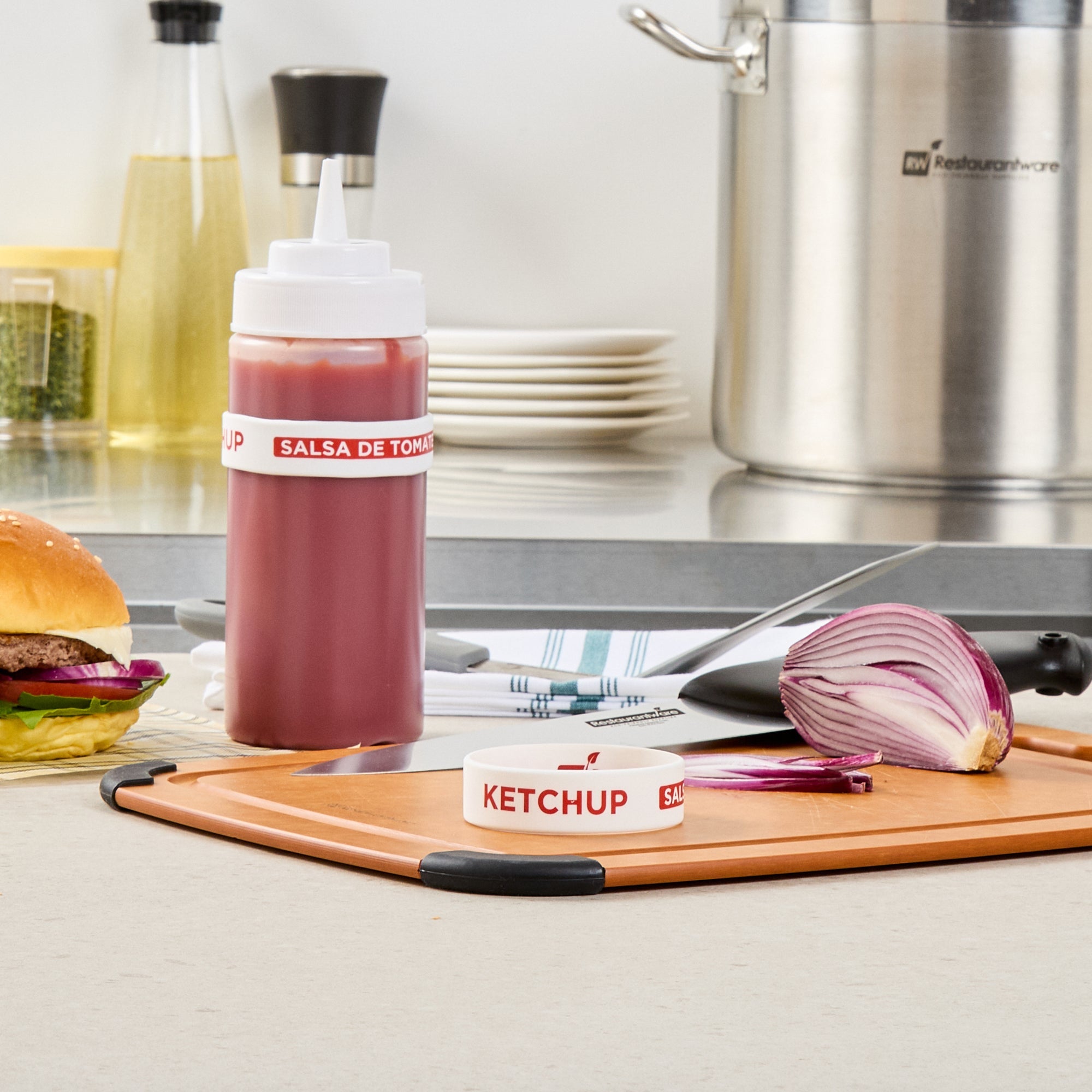 First In First Out White Silicone Ketchup Label Band - Fits 16, 20 and 24 oz Squeeze Bottles - 10 count box