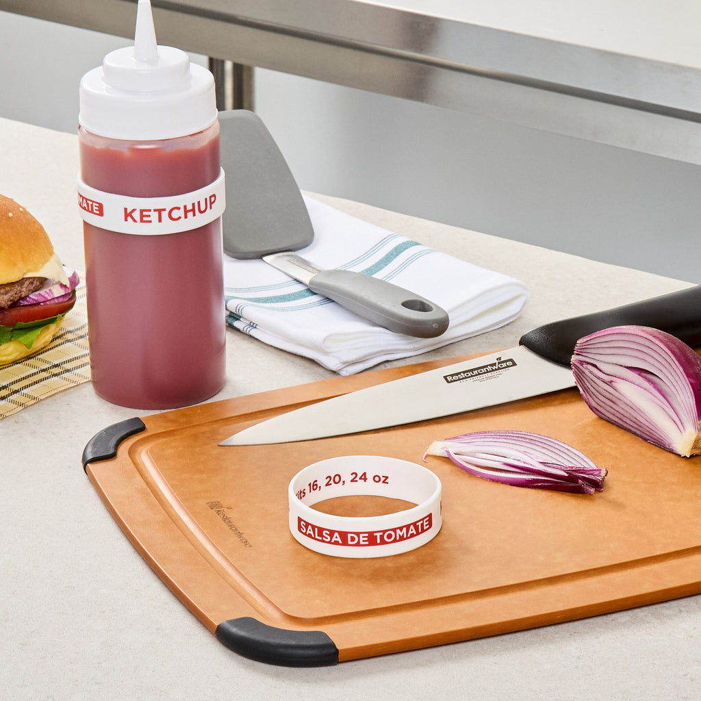 First In First Out White Silicone Ketchup Label Band - Fits 16, 20 and 24 oz Squeeze Bottles - 10 count box