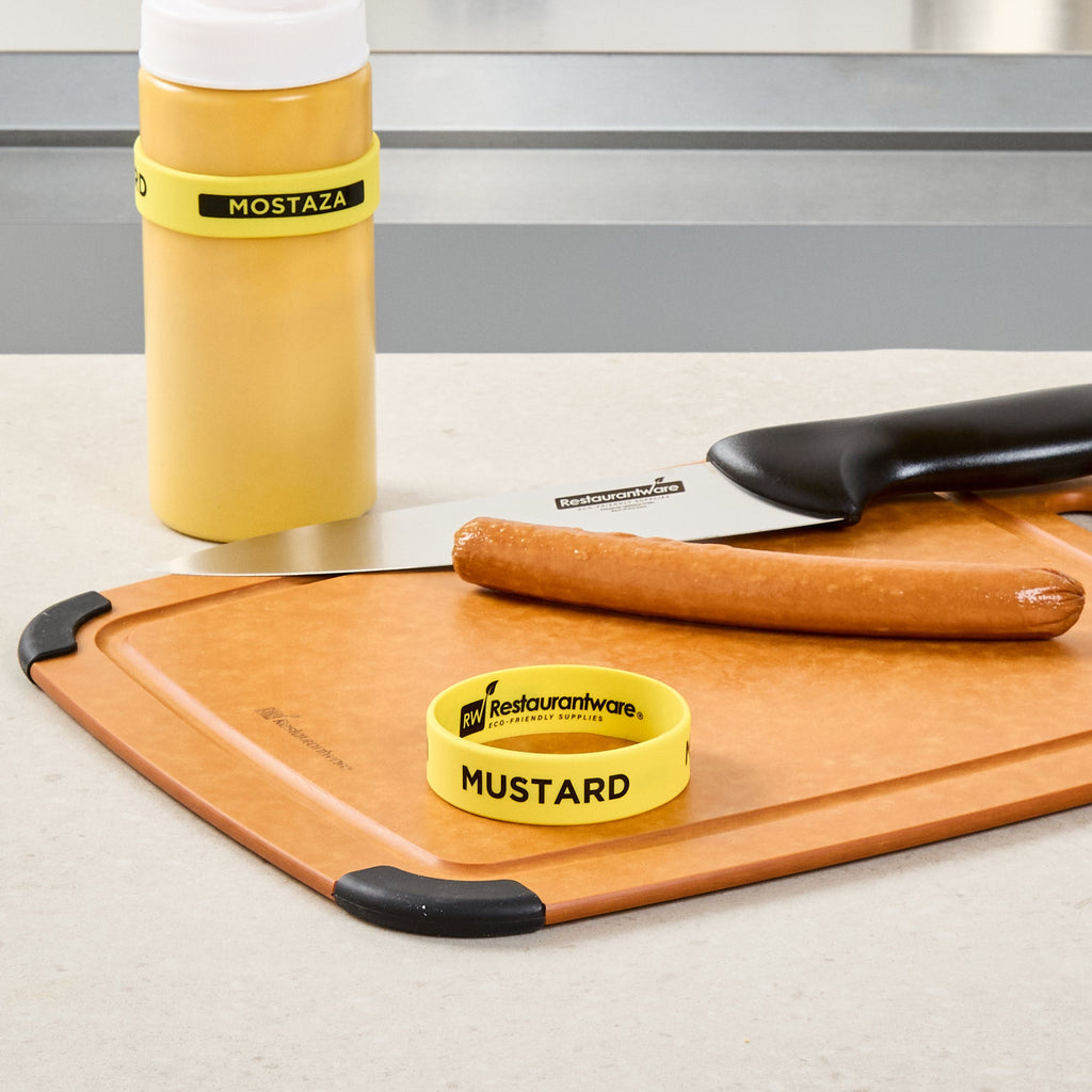 First In First Out Yellow Silicone Mustard Label Band - Fits 16, 20 and 24 oz Squeeze Bottles - 10 count box