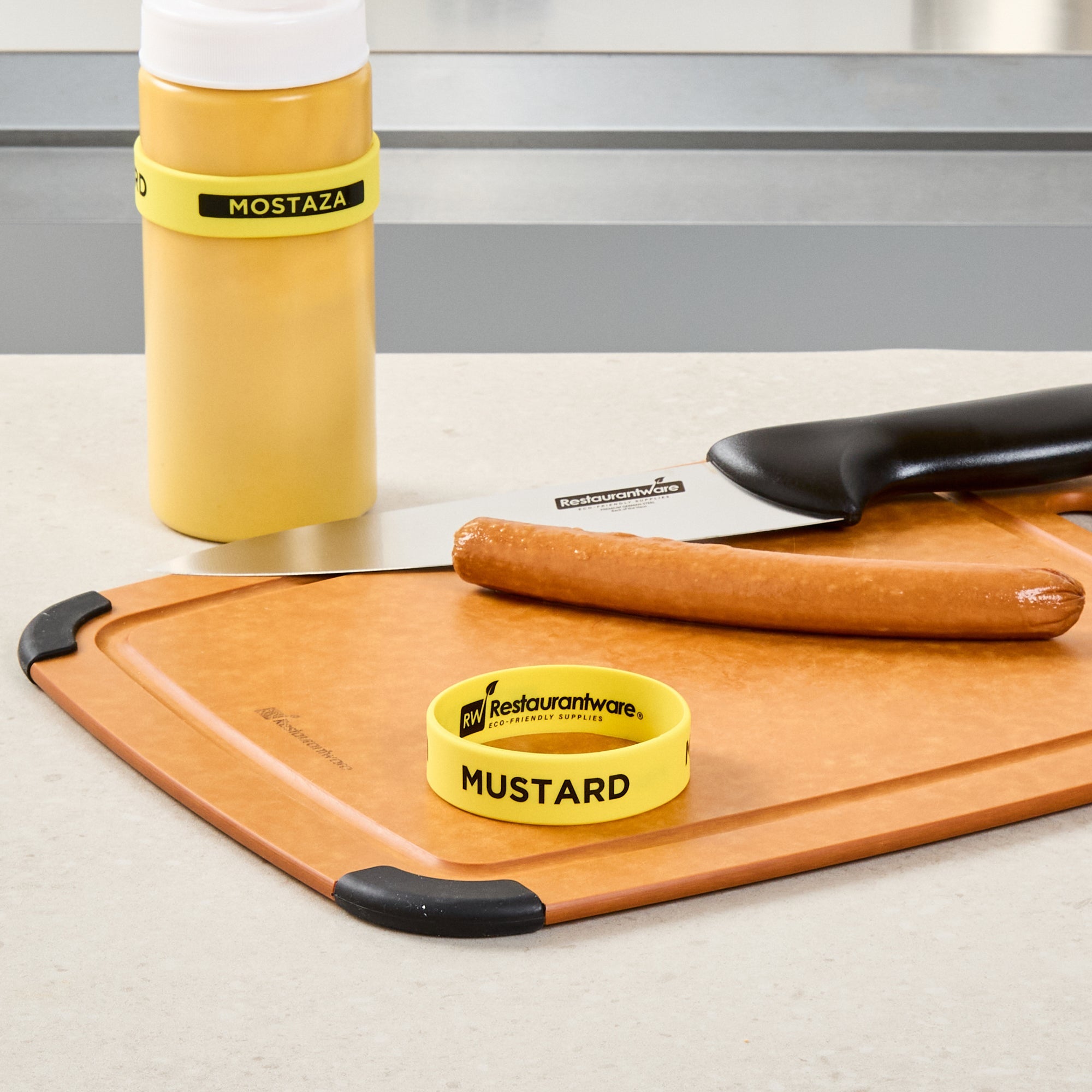 First In First Out Yellow Silicone Mustard Label Band - Fits 16, 20 and 24 oz Squeeze Bottles - 10 count box