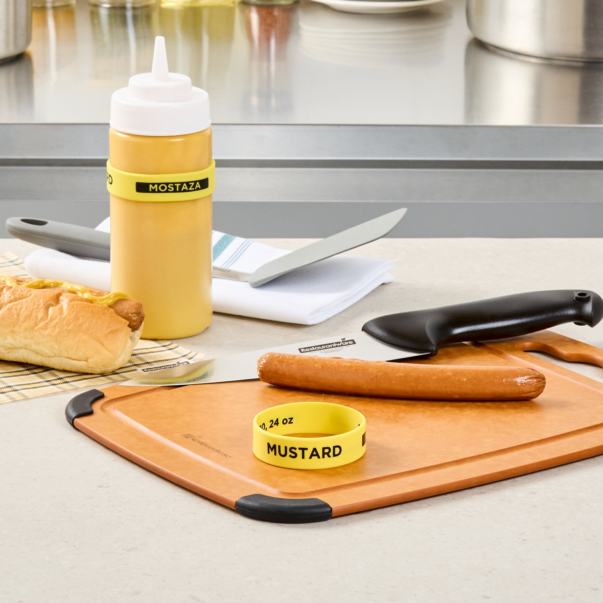 First In First Out Yellow Silicone Mustard Label Band - Fits 16, 20 and 24 oz Squeeze Bottles - 10 count box