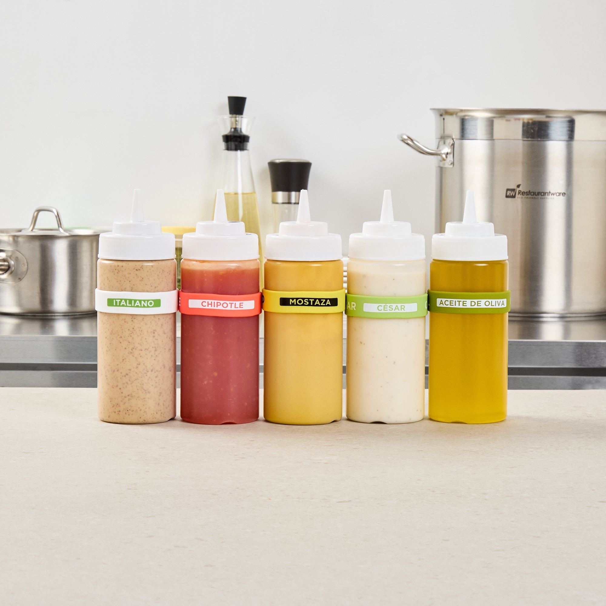 First In First Out Yellow Silicone Mustard Label Band - Fits 16, 20 and 24 oz Squeeze Bottles - 10 count box