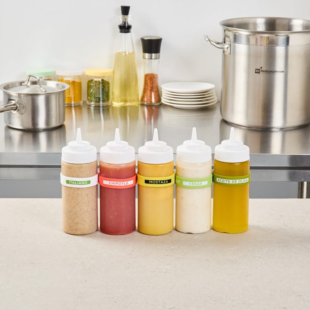 First In First Out Yellow Silicone Mustard Label Band - Fits 16, 20 and 24 oz Squeeze Bottles - 10 count box