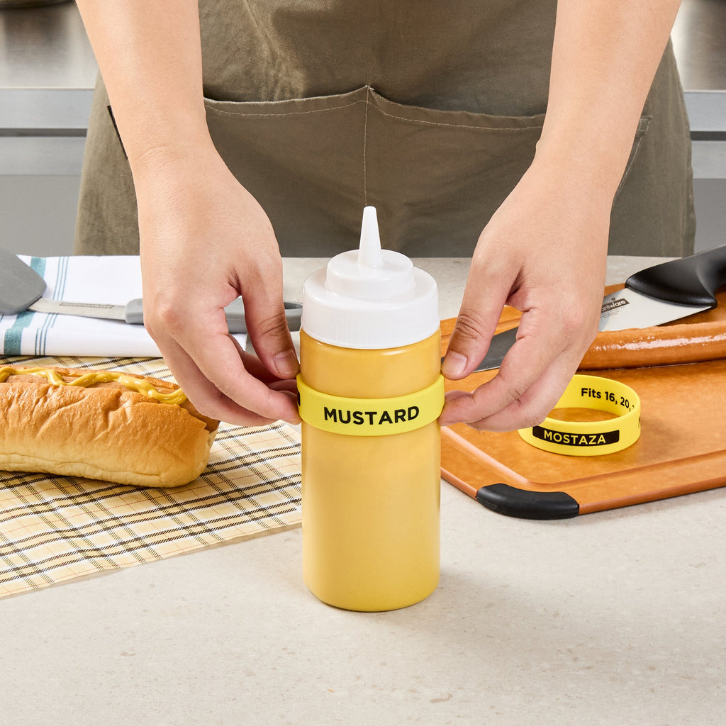 First In First Out Yellow Silicone Mustard Label Band - Fits 16, 20 and 24 oz Squeeze Bottles - 10 count box