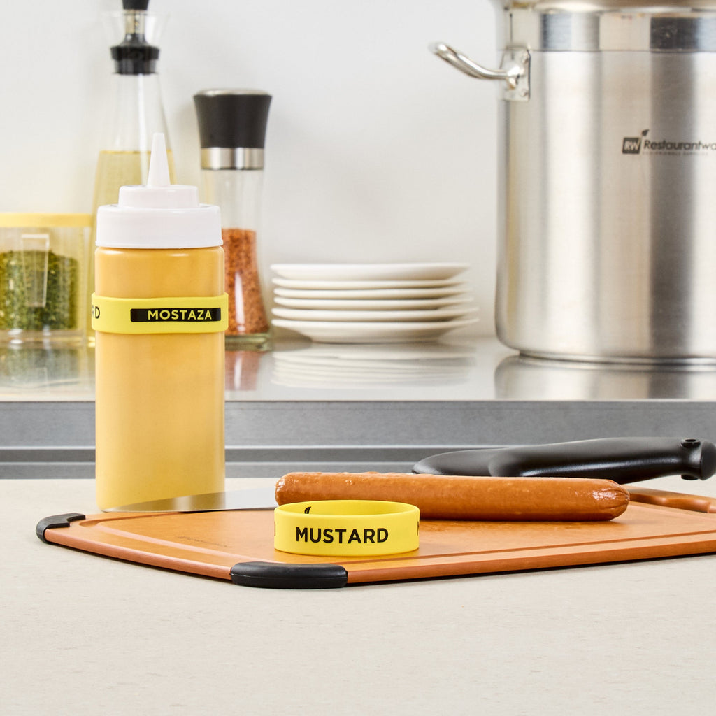 First In First Out Yellow Silicone Mustard Label Band - Fits 16, 20 and 24 oz Squeeze Bottles - 10 count box
