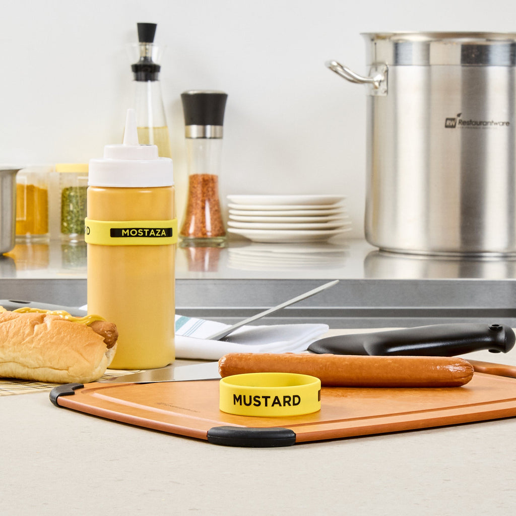 First In First Out Yellow Silicone Mustard Label Band - Fits 16, 20 and 24 oz Squeeze Bottles - 10 count box