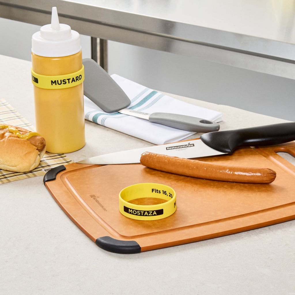 First In First Out Yellow Silicone Mustard Label Band - Fits 16, 20 and 24 oz Squeeze Bottles - 10 count box