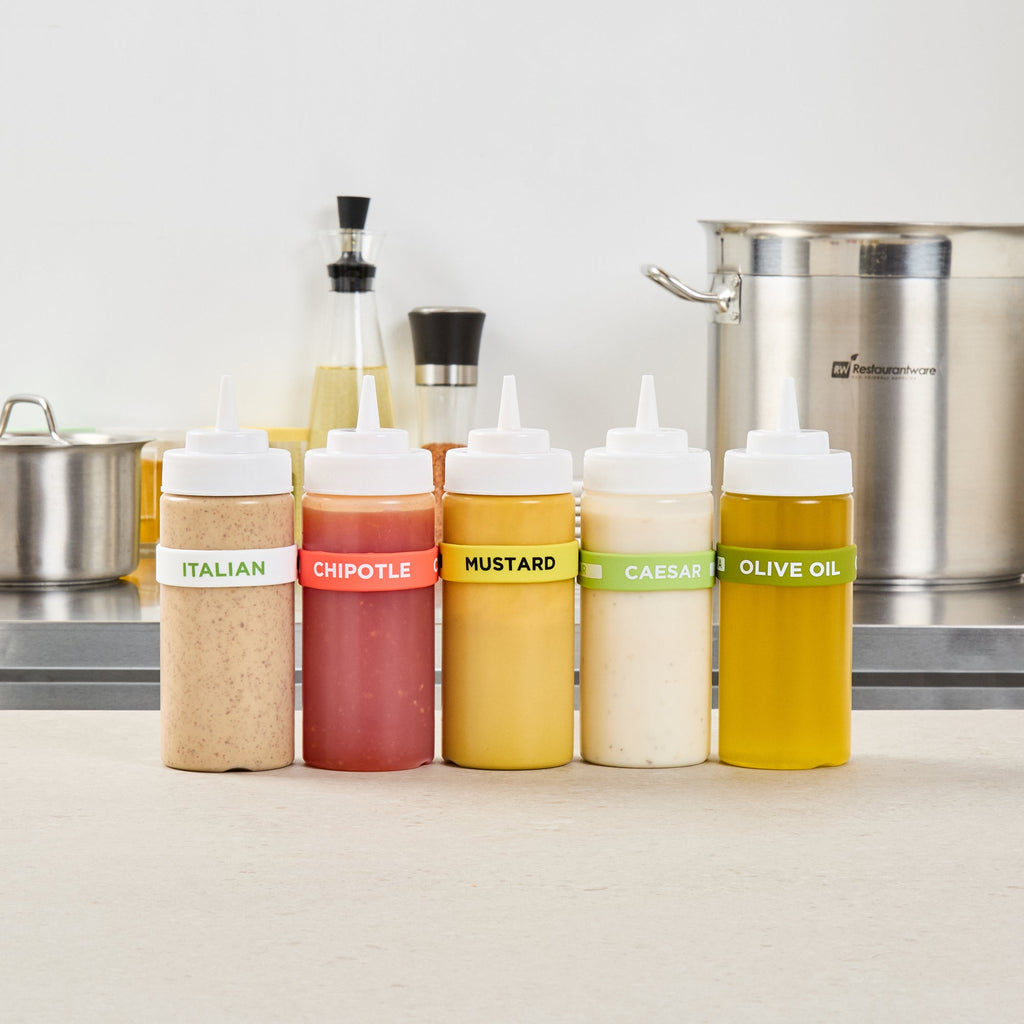 First In First Out Yellow Silicone Mustard Label Band - Fits 16, 20 and 24 oz Squeeze Bottles - 10 count box