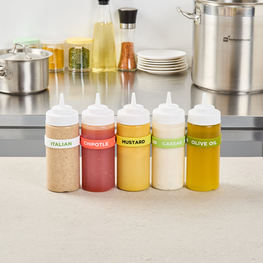 First In First Out Yellow Silicone Mustard Label Band - Fits 16, 20 and 24 oz Squeeze Bottles - 10 count box