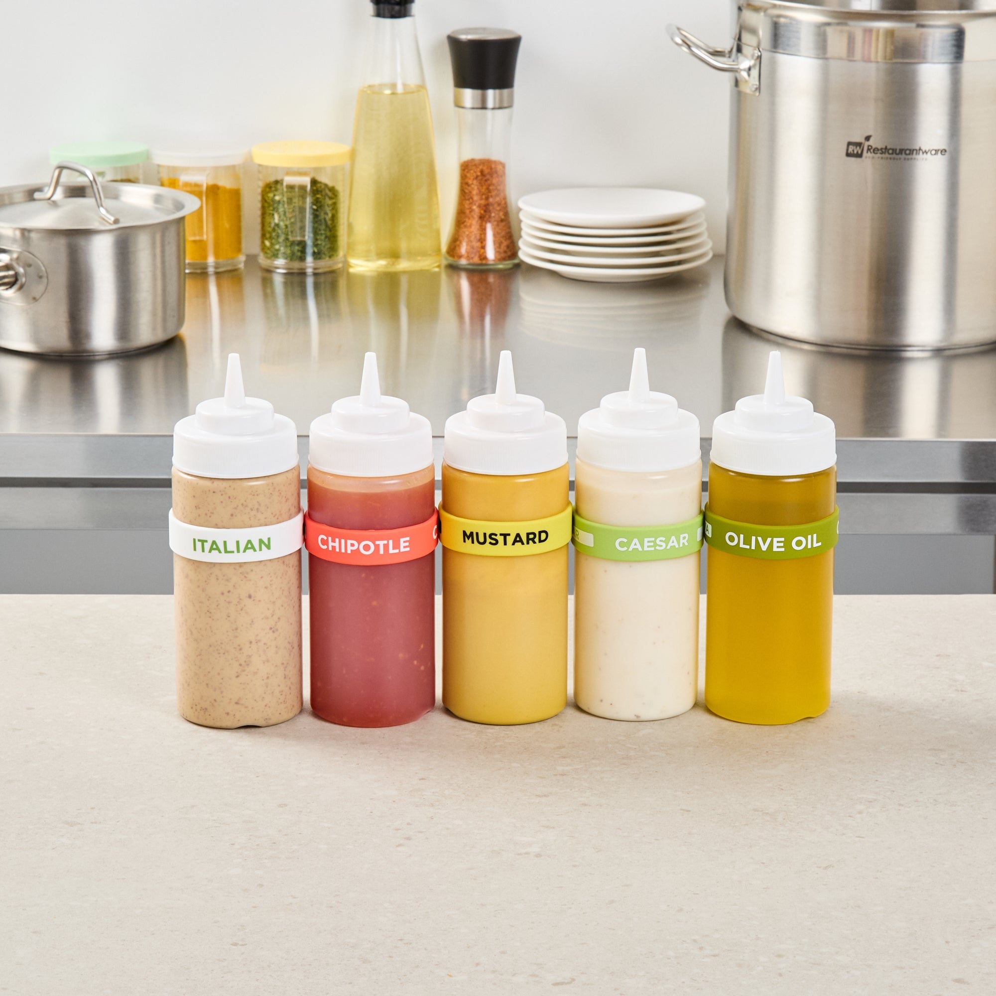 First In First Out Yellow Silicone Mustard Label Band - Fits 16, 20 and 24 oz Squeeze Bottles - 10 count box