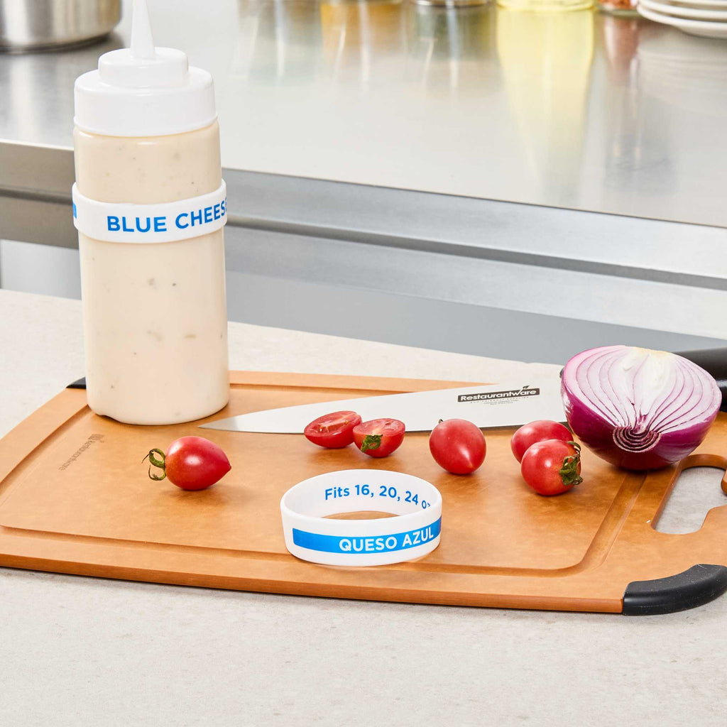 First In First Out White Silicone Blue Cheese Label Band - Fits 16, 20 and 24 oz Squeeze Bottles - 1 count box
