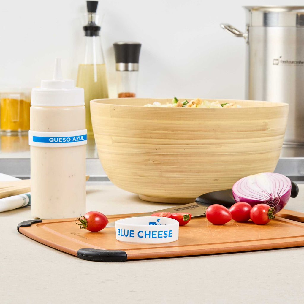 First In First Out White Silicone Blue Cheese Label Band - Fits 16, 20 and 24 oz Squeeze Bottles - 1 count box