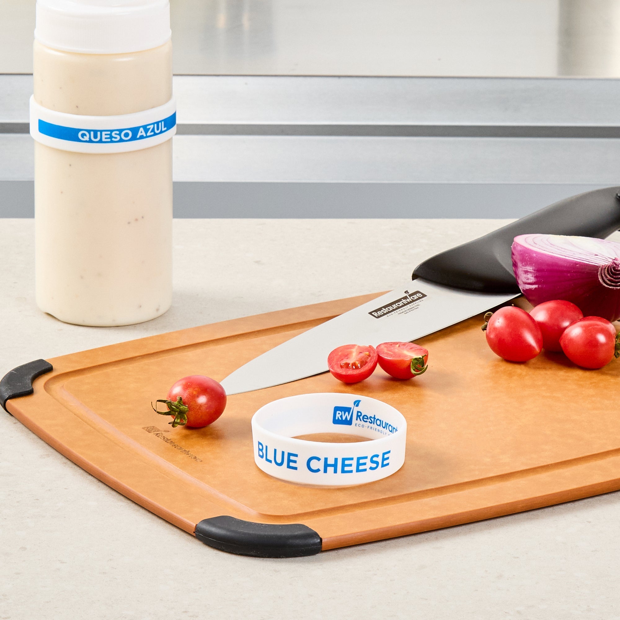 First In First Out White Silicone Blue Cheese Label Band - Fits 16, 20 and 24 oz Squeeze Bottles - 10 count box