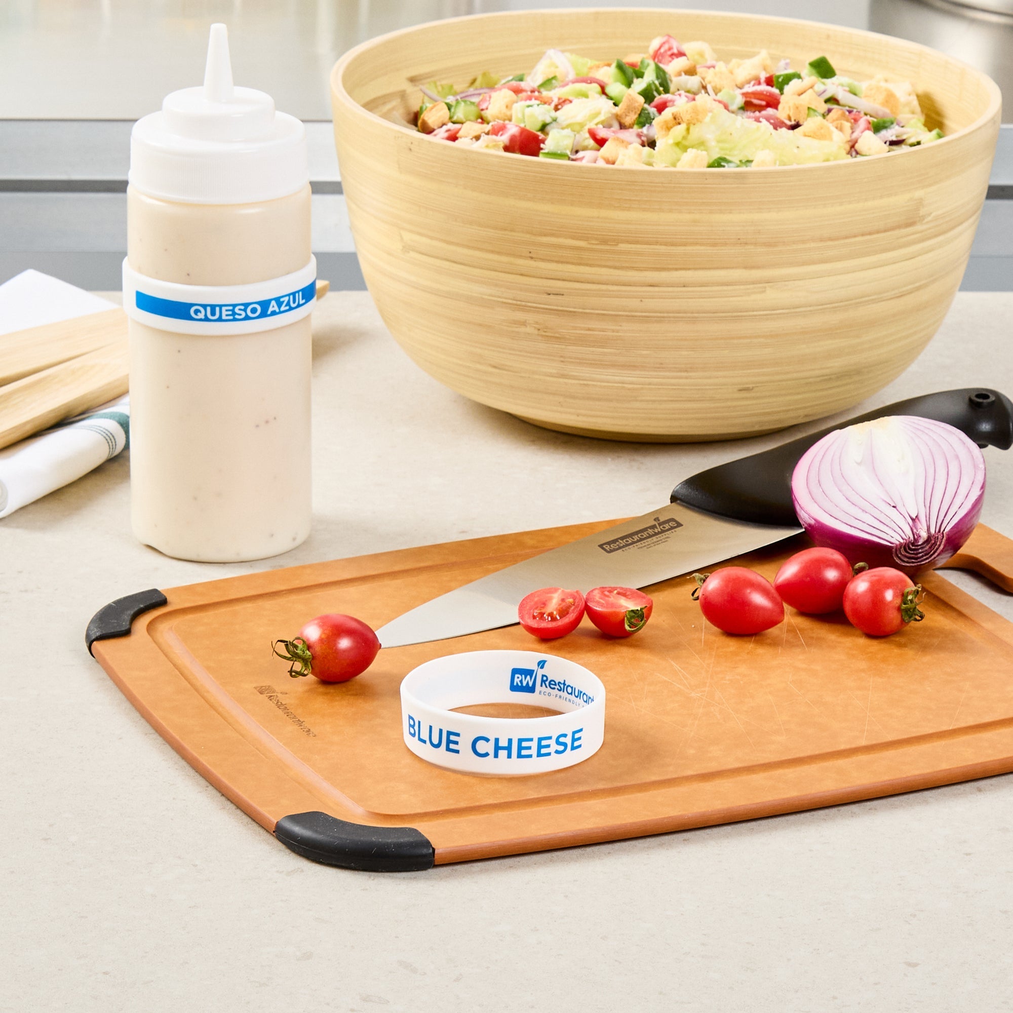 First In First Out White Silicone Blue Cheese Label Band - Fits 16, 20 and 24 oz Squeeze Bottles - 10 count box