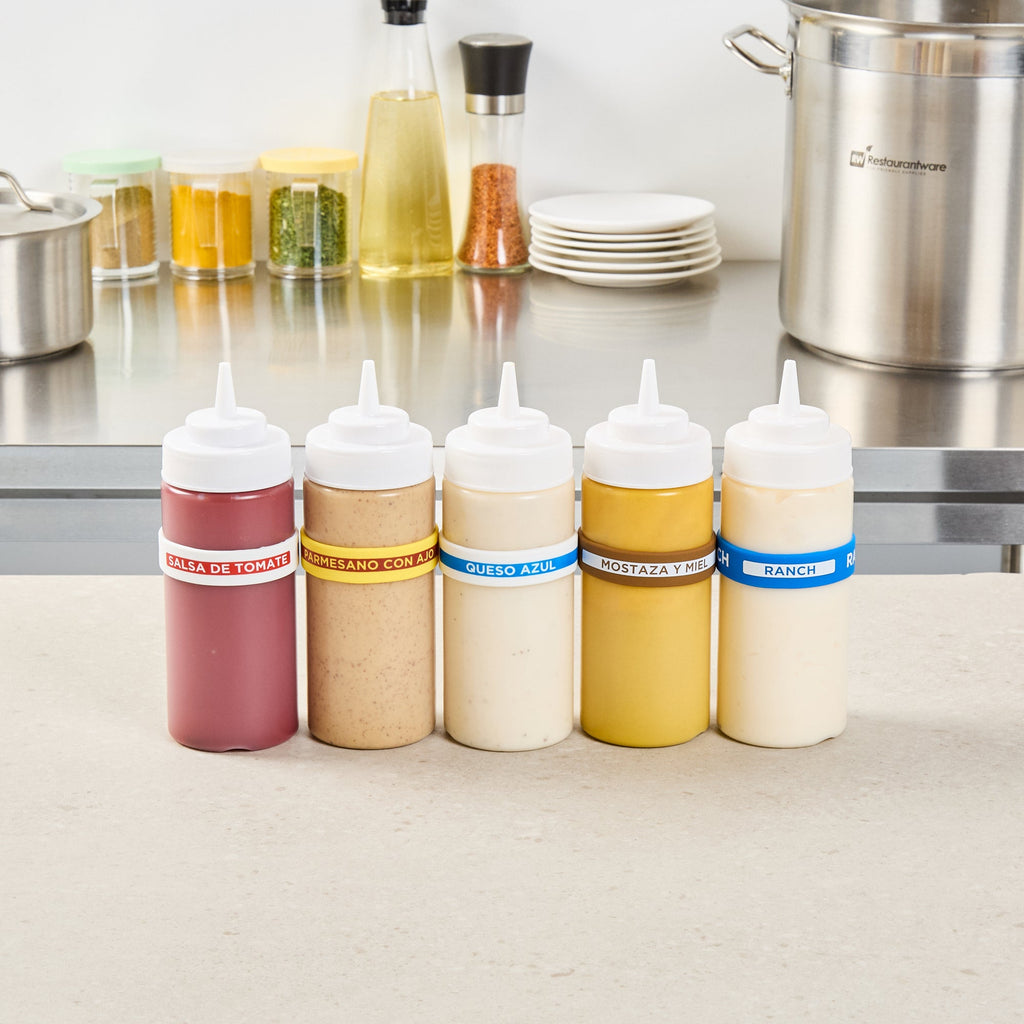 First In First Out White Silicone Blue Cheese Label Band - Fits 16, 20 and 24 oz Squeeze Bottles - 10 count box