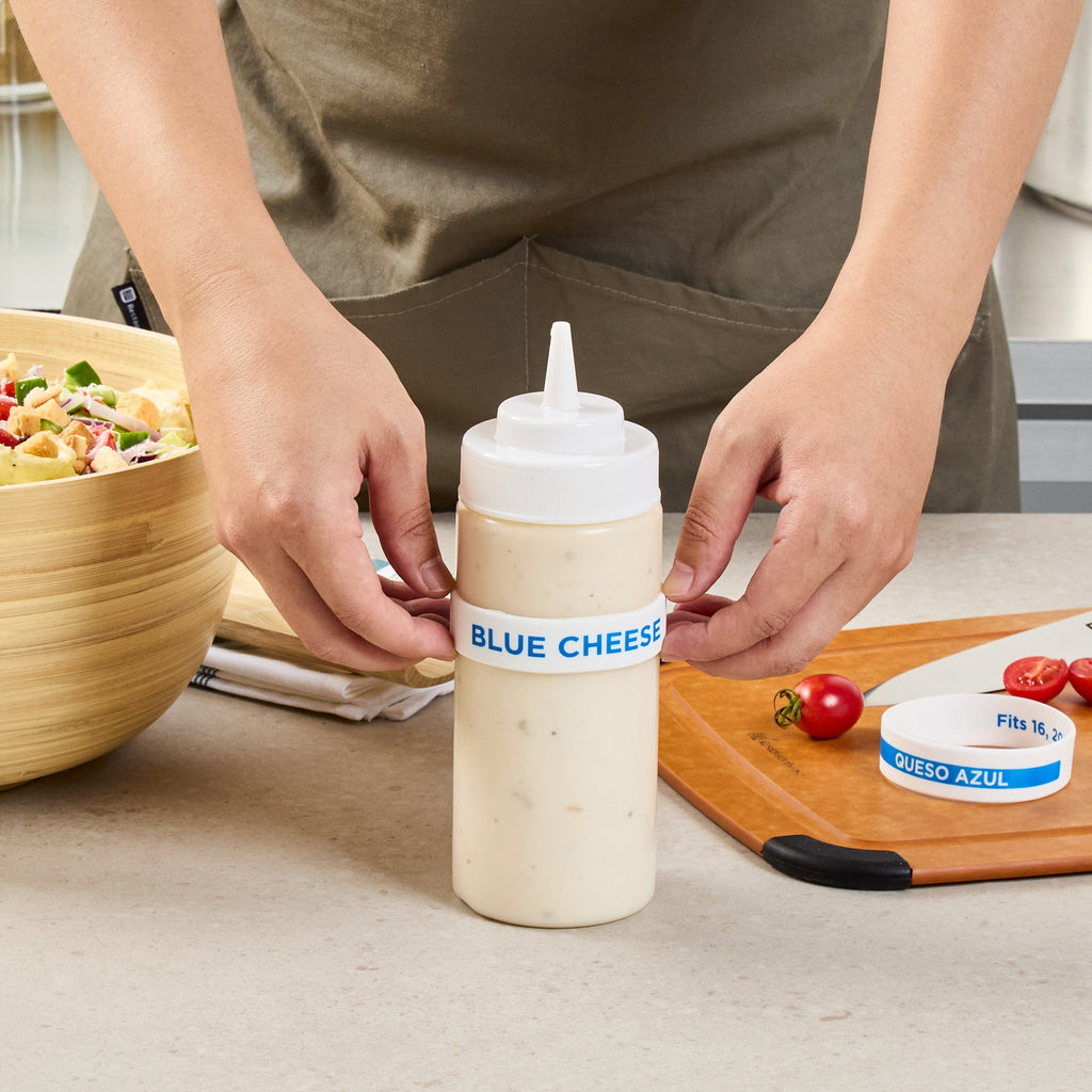 First In First Out White Silicone Blue Cheese Label Band - Fits 16, 20 and 24 oz Squeeze Bottles - 10 count box