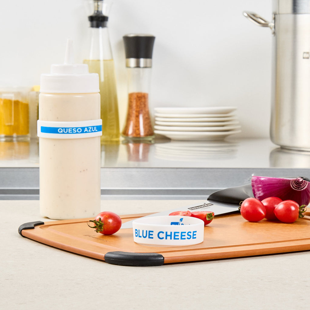 First In First Out White Silicone Blue Cheese Label Band - Fits 16, 20 and 24 oz Squeeze Bottles - 10 count box