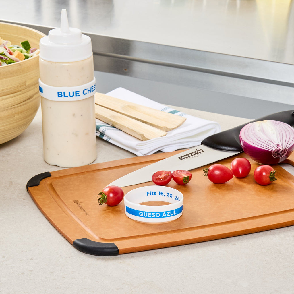 First In First Out White Silicone Blue Cheese Label Band - Fits 16, 20 and 24 oz Squeeze Bottles - 10 count box
