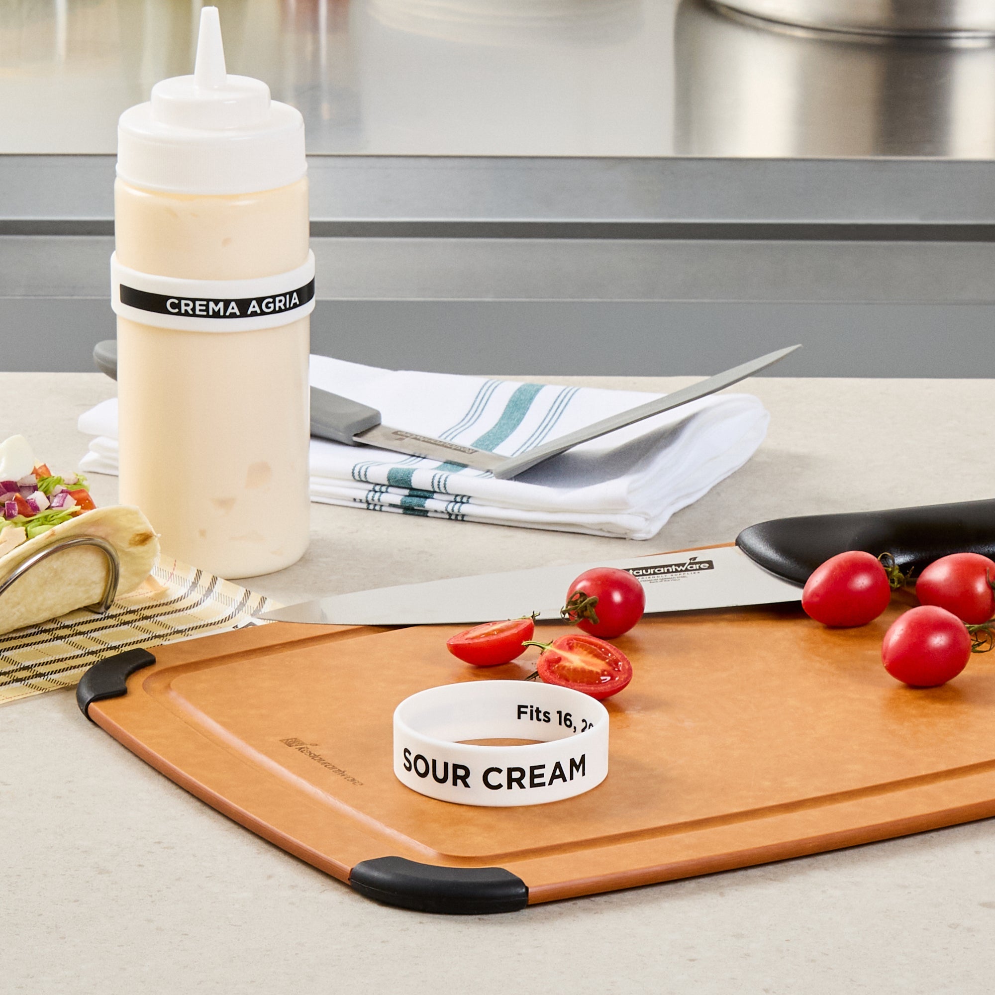 First In First Out White Silicone Sour Cream Label Band - Fits 16, 20 and 24 oz Squeeze Bottles - 10 count box