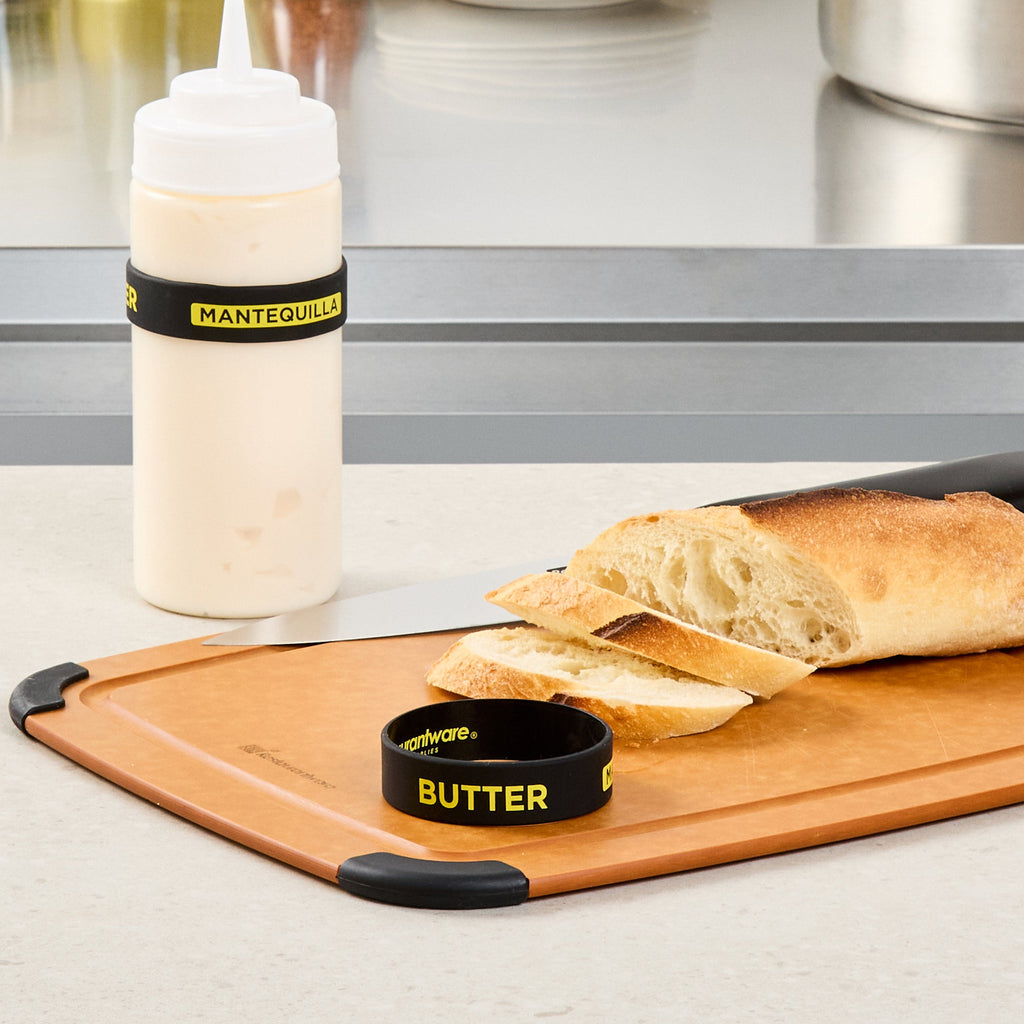 First In First Out Black Silicone Butter Label Band - Fits 16, 20 and 24 oz Squeeze Bottles - 10 count box