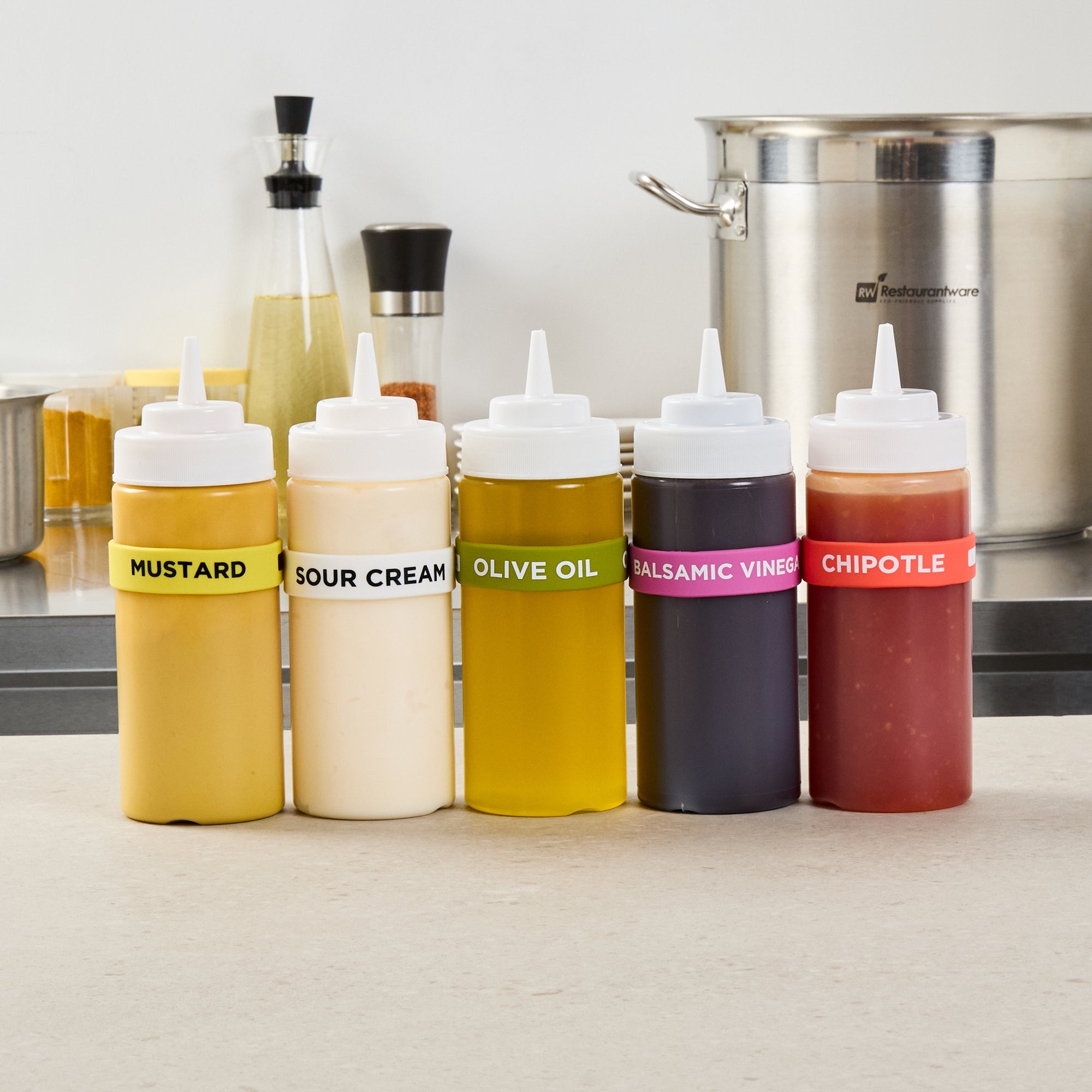 First In First Out Green Silicone Olive Oil Label Band - Fits 16, 20 and 24 oz Squeeze Bottles - 10 count box