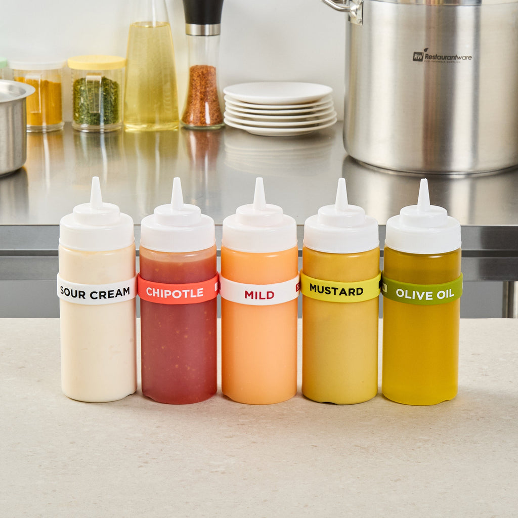 First In First Out White Silicone Mild Label Band - Fits 16, 20 and 24 oz Squeeze Bottles - 10 count box