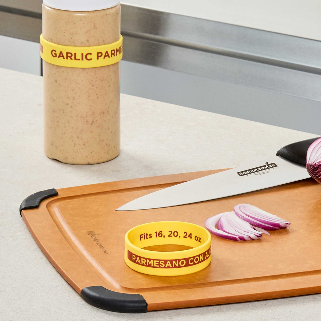 First In First Out Yellow Silicone Garlic Parmesan Label Band - Fits 16, 20 and 24 oz Squeeze Bottles - 1 count box
