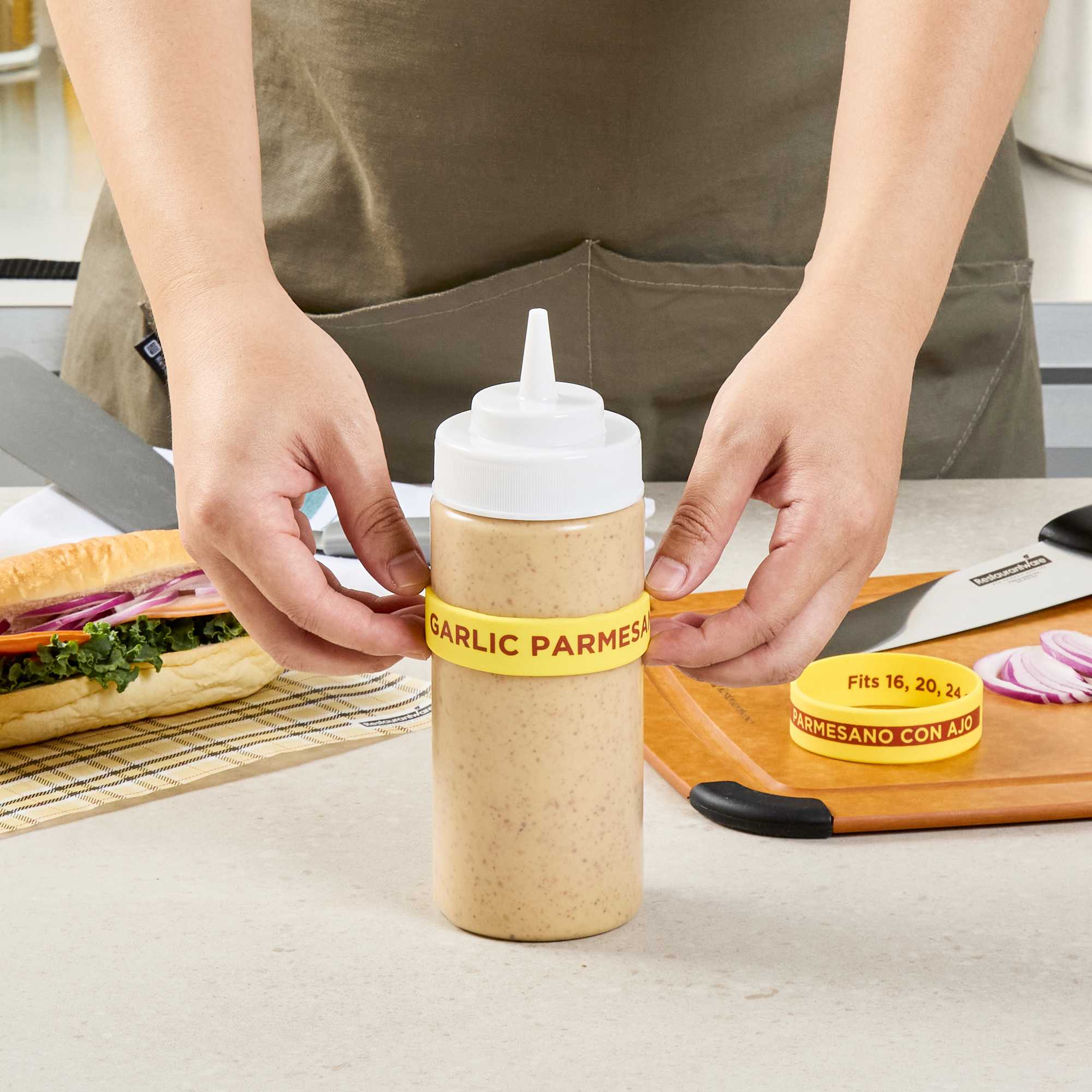 First In First Out Yellow Silicone Garlic Parmesan Label Band - Fits 16, 20 and 24 oz Squeeze Bottles - 1 count box