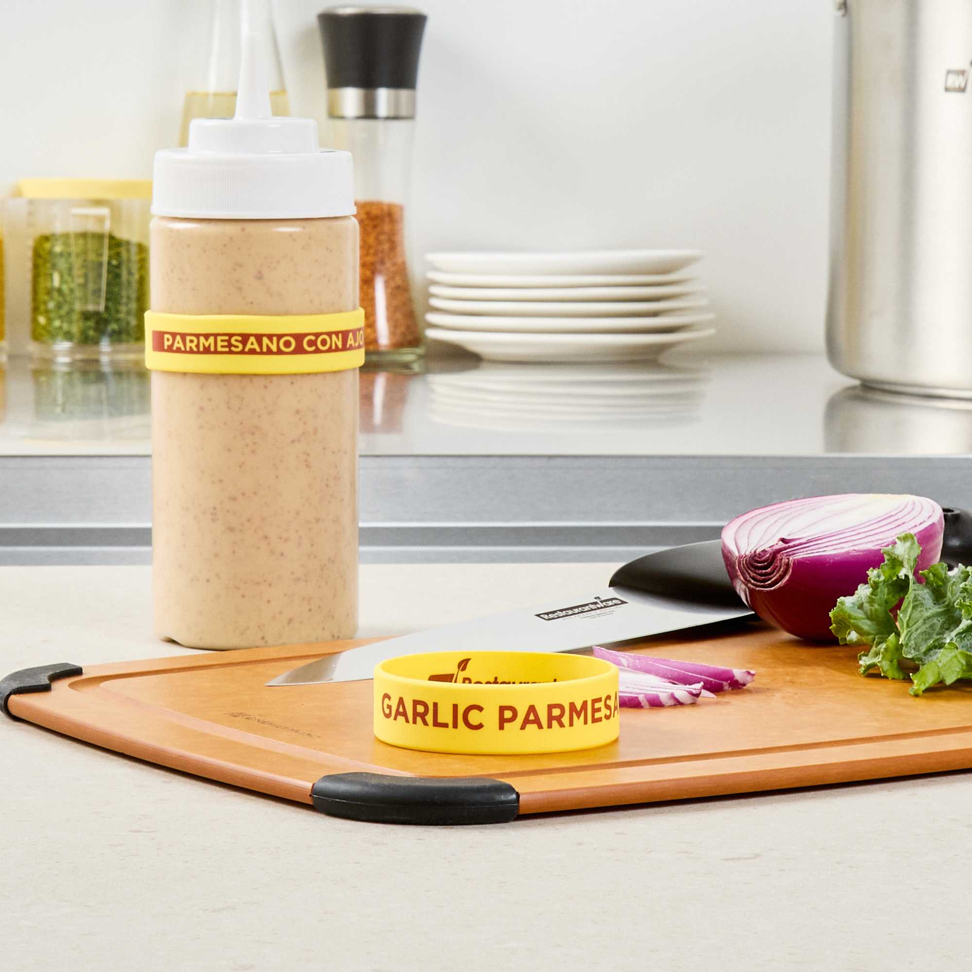 First In First Out Yellow Silicone Garlic Parmesan Label Band - Fits 16, 20 and 24 oz Squeeze Bottles - 1 count box