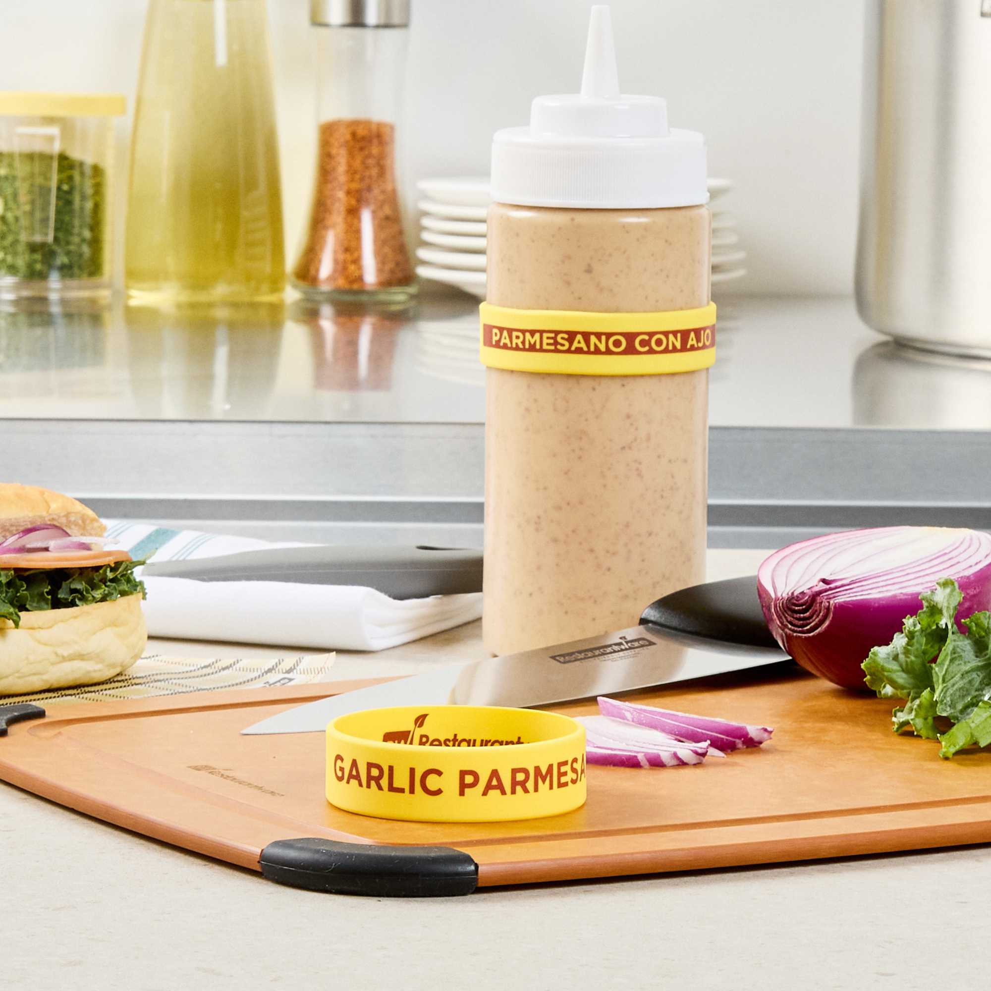 First In First Out Yellow Silicone Garlic Parmesan Label Band - Fits 16, 20 and 24 oz Squeeze Bottles - 1 count box