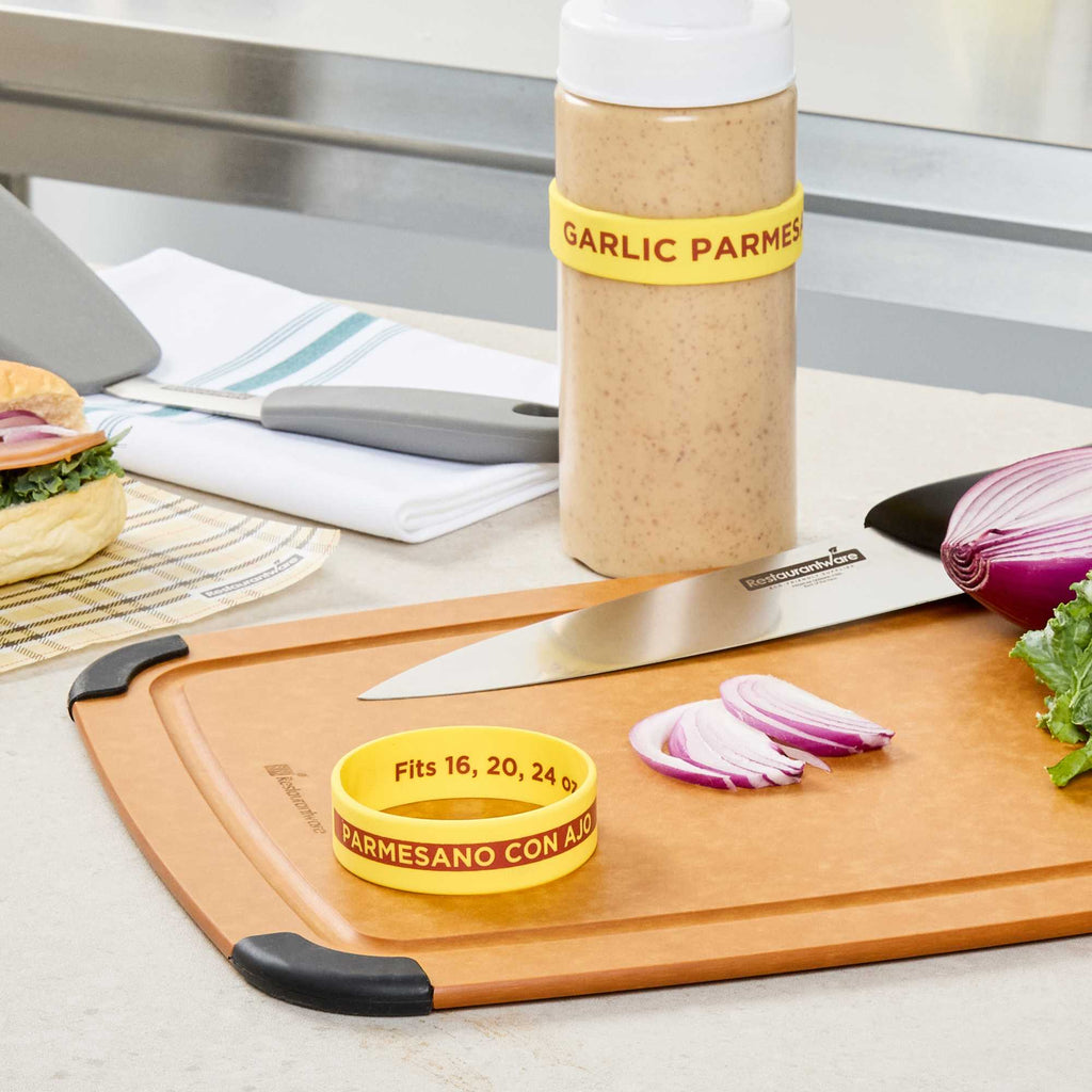 First In First Out Yellow Silicone Garlic Parmesan Label Band - Fits 16, 20 and 24 oz Squeeze Bottles - 1 count box