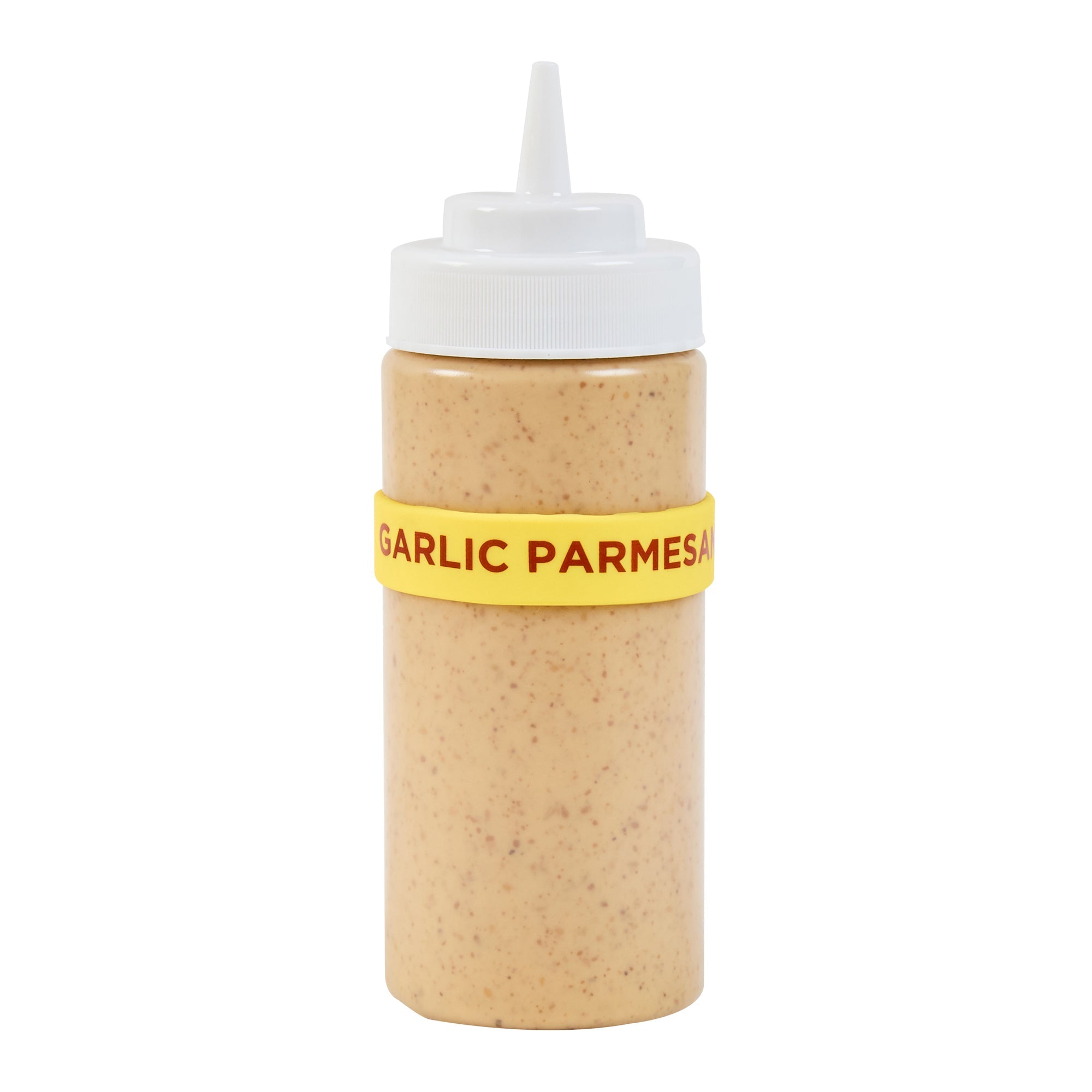 First In First Out Yellow Silicone Garlic Parmesan Label Band - Fits 16, 20 and 24 oz Squeeze Bottles - 10 count box